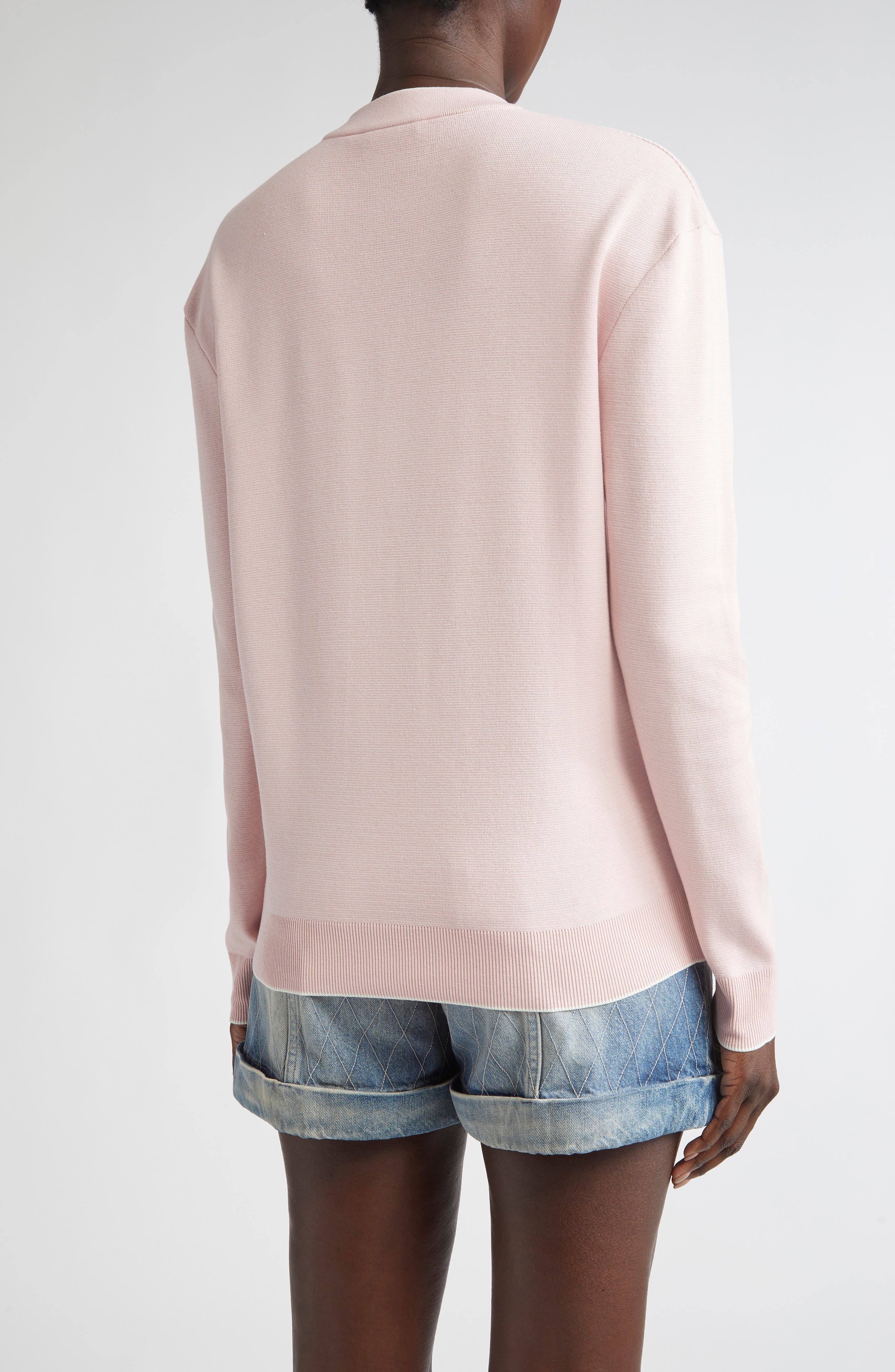 Balmain Logo Emblem Silk & Cotton Cardigan in Oin Pale Pink/White at Nordstrom - 3