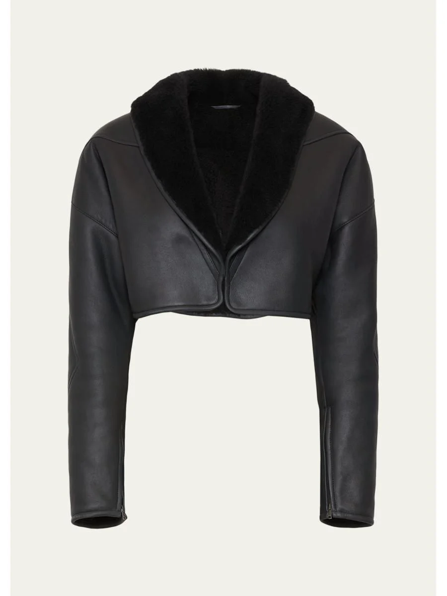 Cropped Shawl-Collar Shearling Jacket - 1