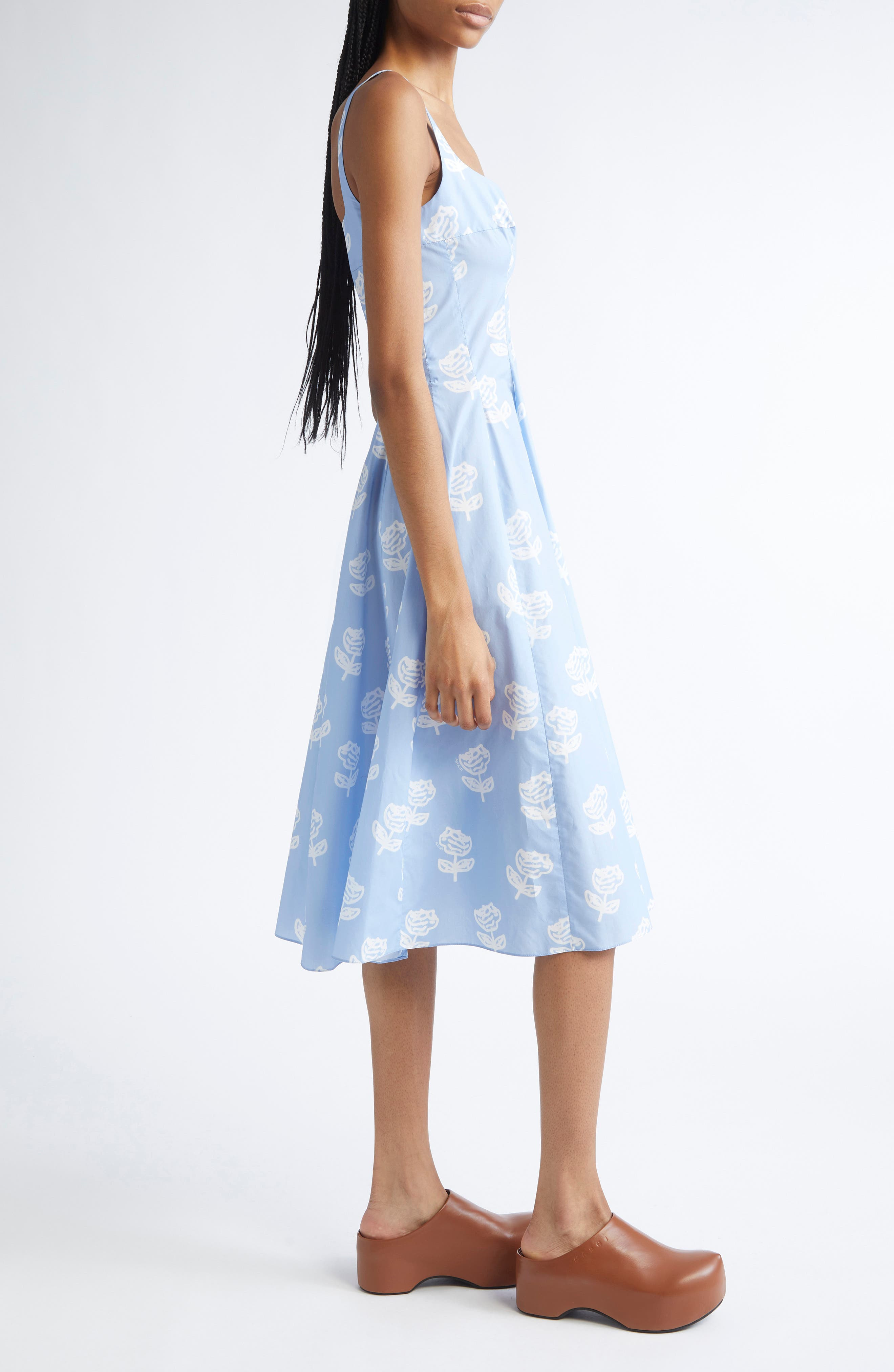 Marni Sprayed Roses Fit & Flare Cotton Poplin Midi Dress in Srb50 Iris Blue at Nordstrom - 3