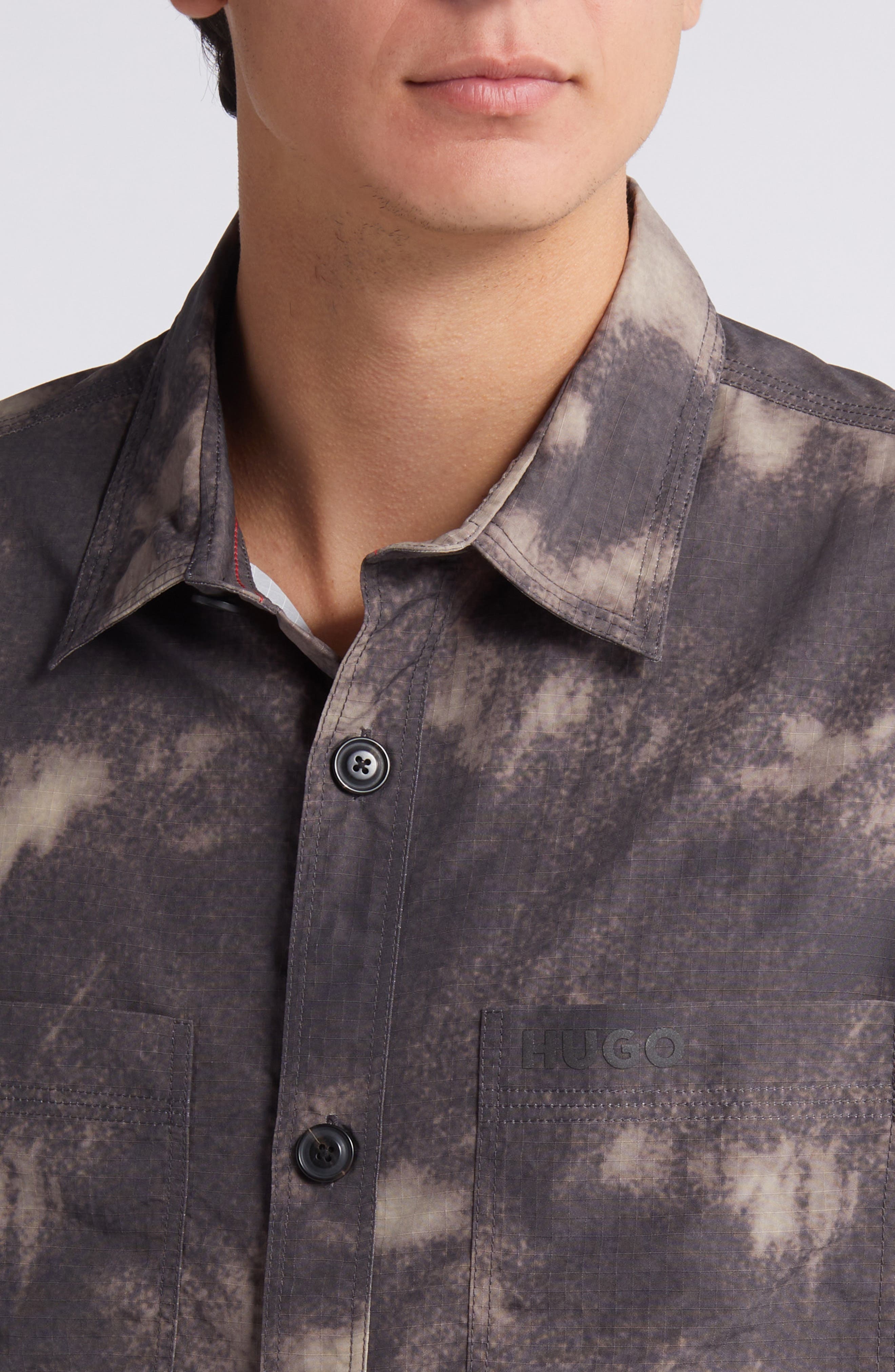 HUGO Eratino Tie Dye Short Sleeve Nylon Button-Up Shirt in Medium Brown at Nordstrom - 2