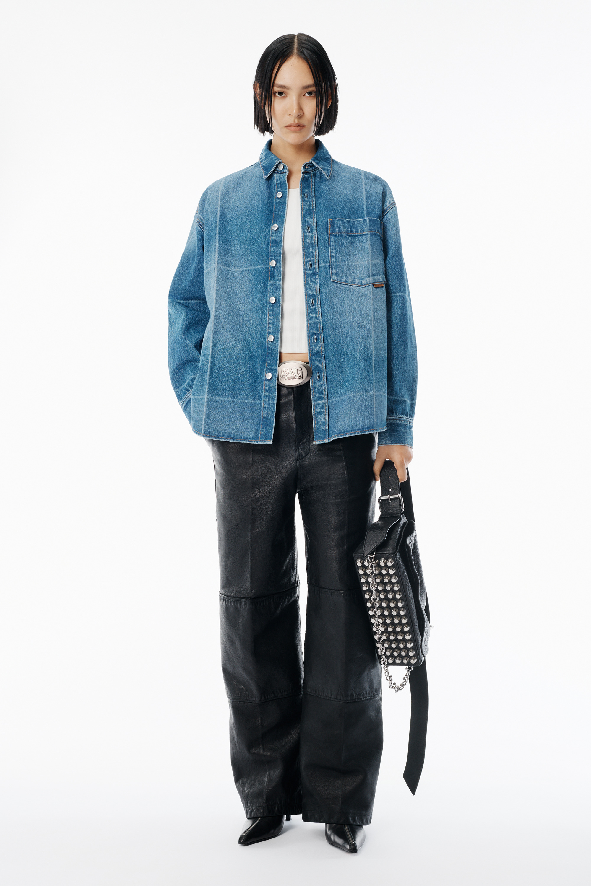 Vintage-Effect Marbled Blue Denim Foldline Shirt - 5
