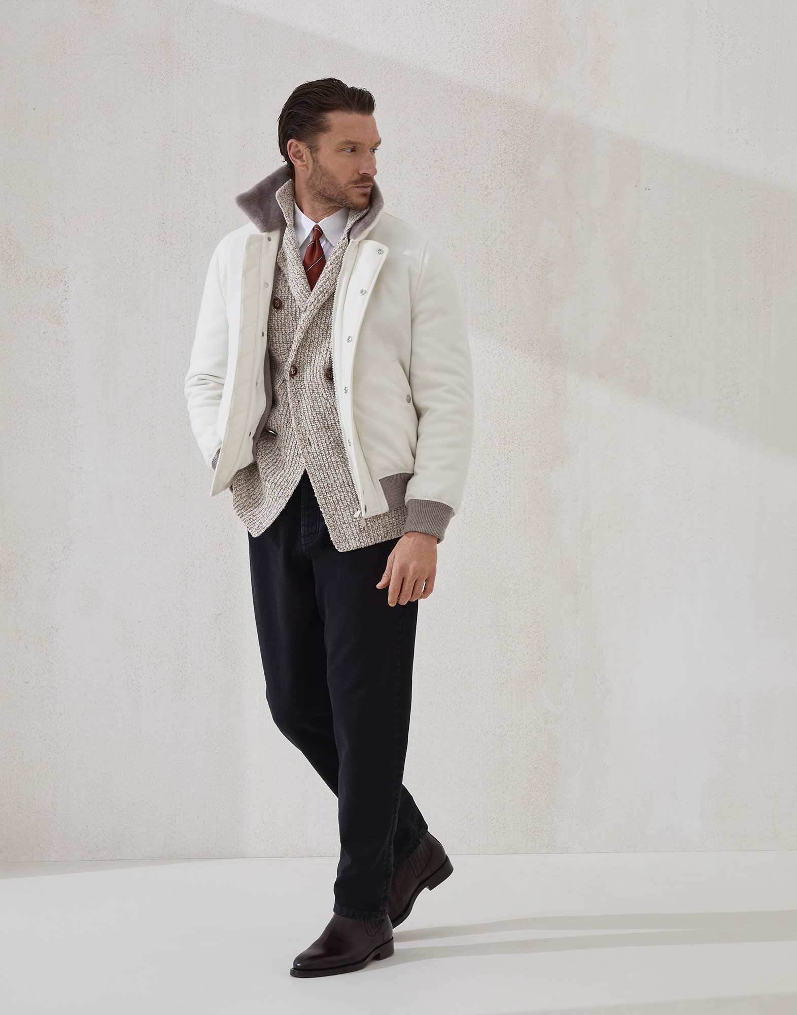 Mouliné virgin wool, silk and cashmere half English rib one-and-a-half breasted cardigan with metal  - 5