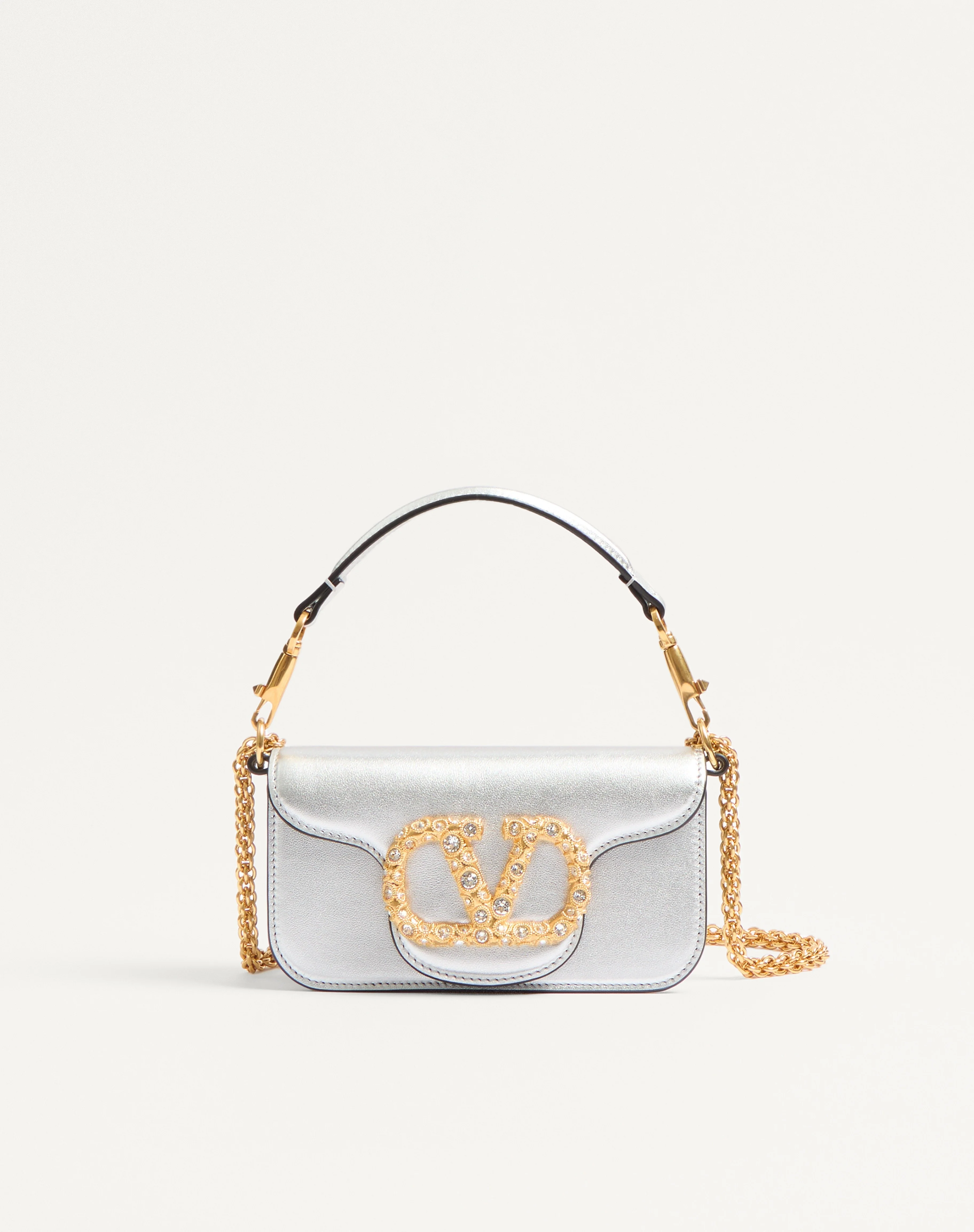VALENTINO GARAVANI LOCÒ SMALL SHOULDER BAG IN LAMINATED CALFSKIN WITH JEWEL LOGO - 1