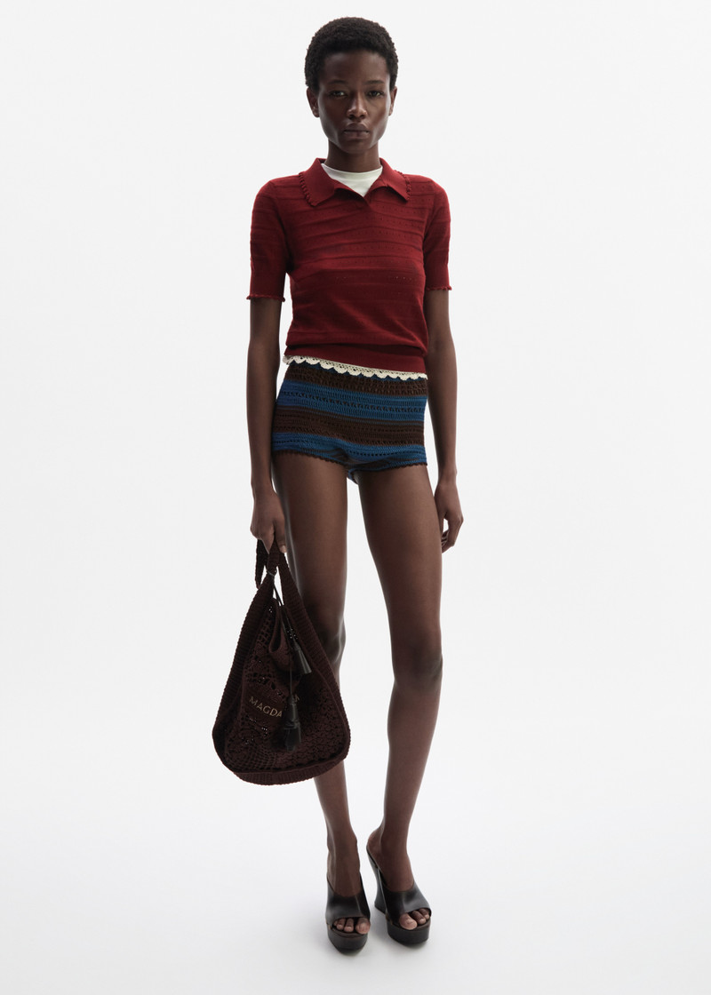 Polo knit top with frill details in burgundy 4