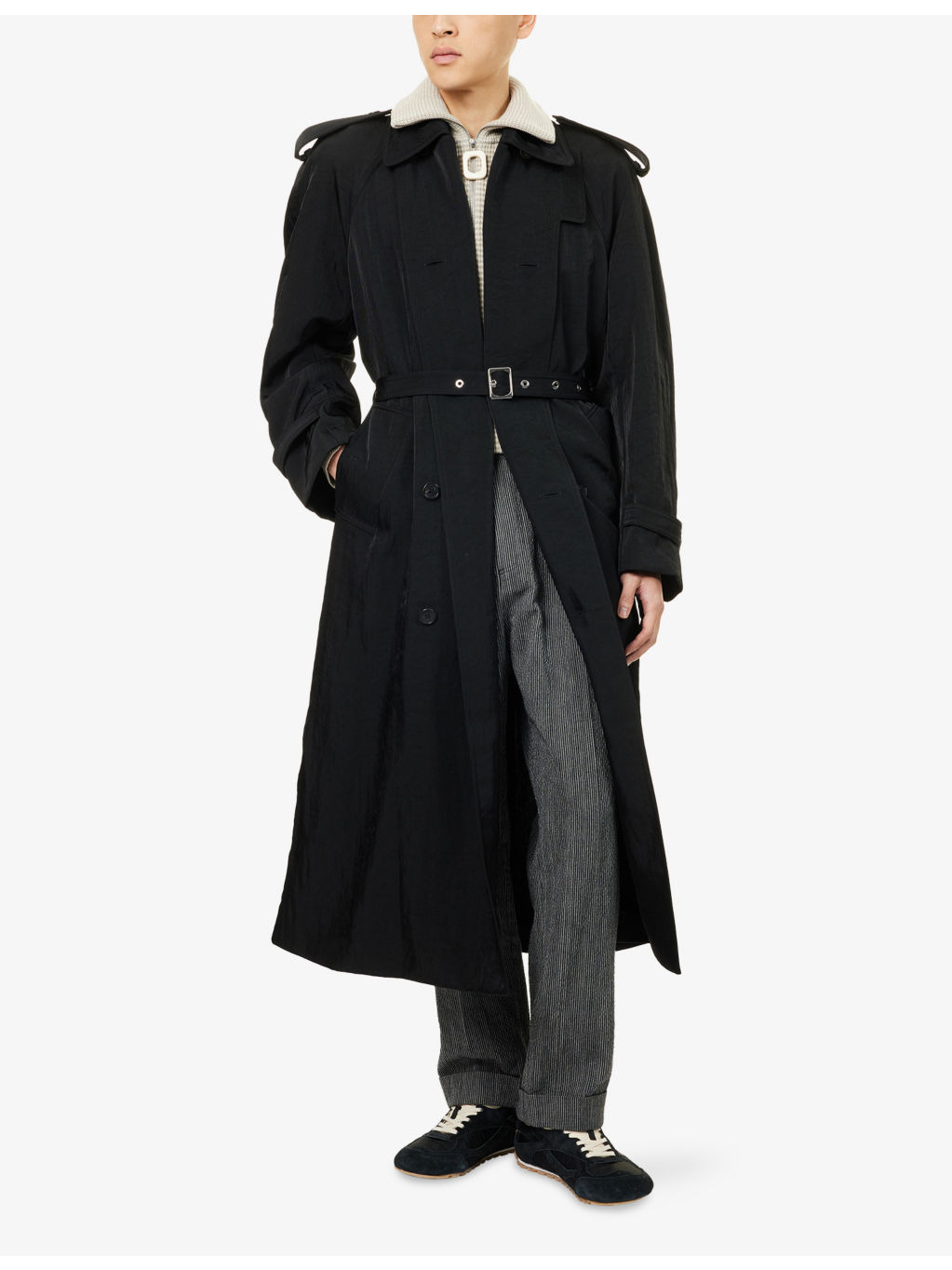 Double-Breasted Belted Woven Trench Coat - 2