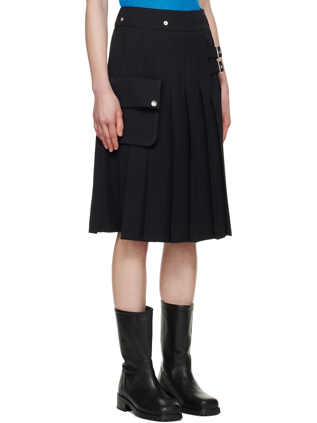 Black Pleated Cargo Pocket Kilt Midi Skirt - 2