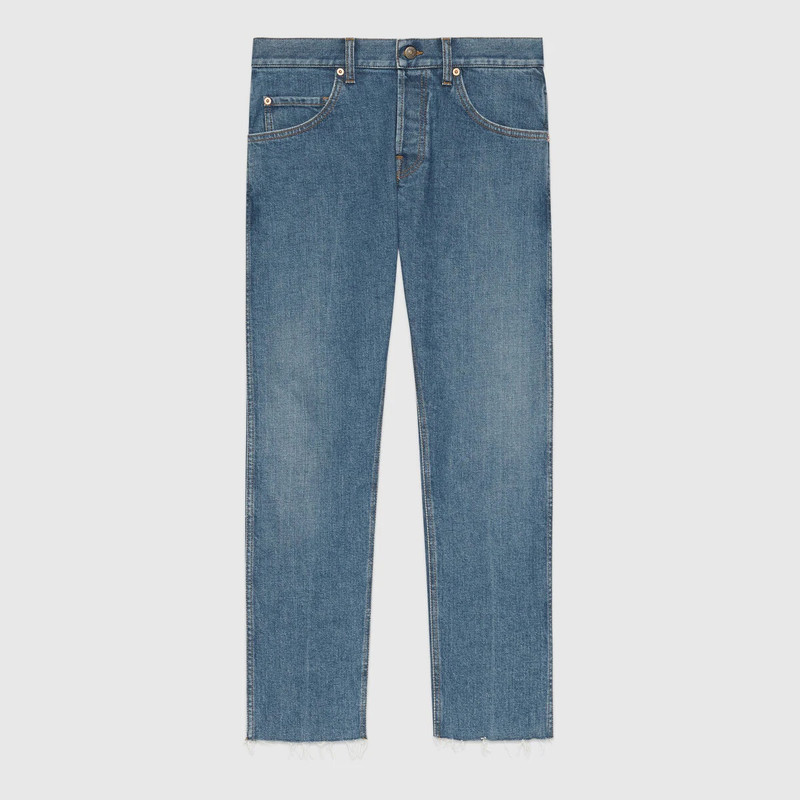 Stretch denim pant with raw cut hem 1