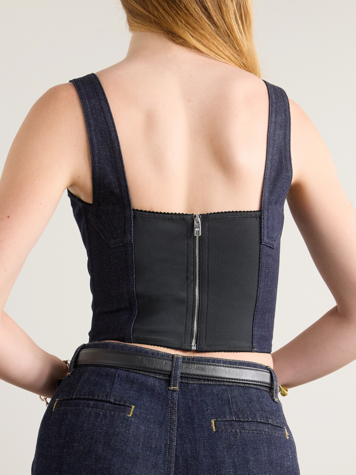 Picot-trimmed Denim Bustier Top - 3