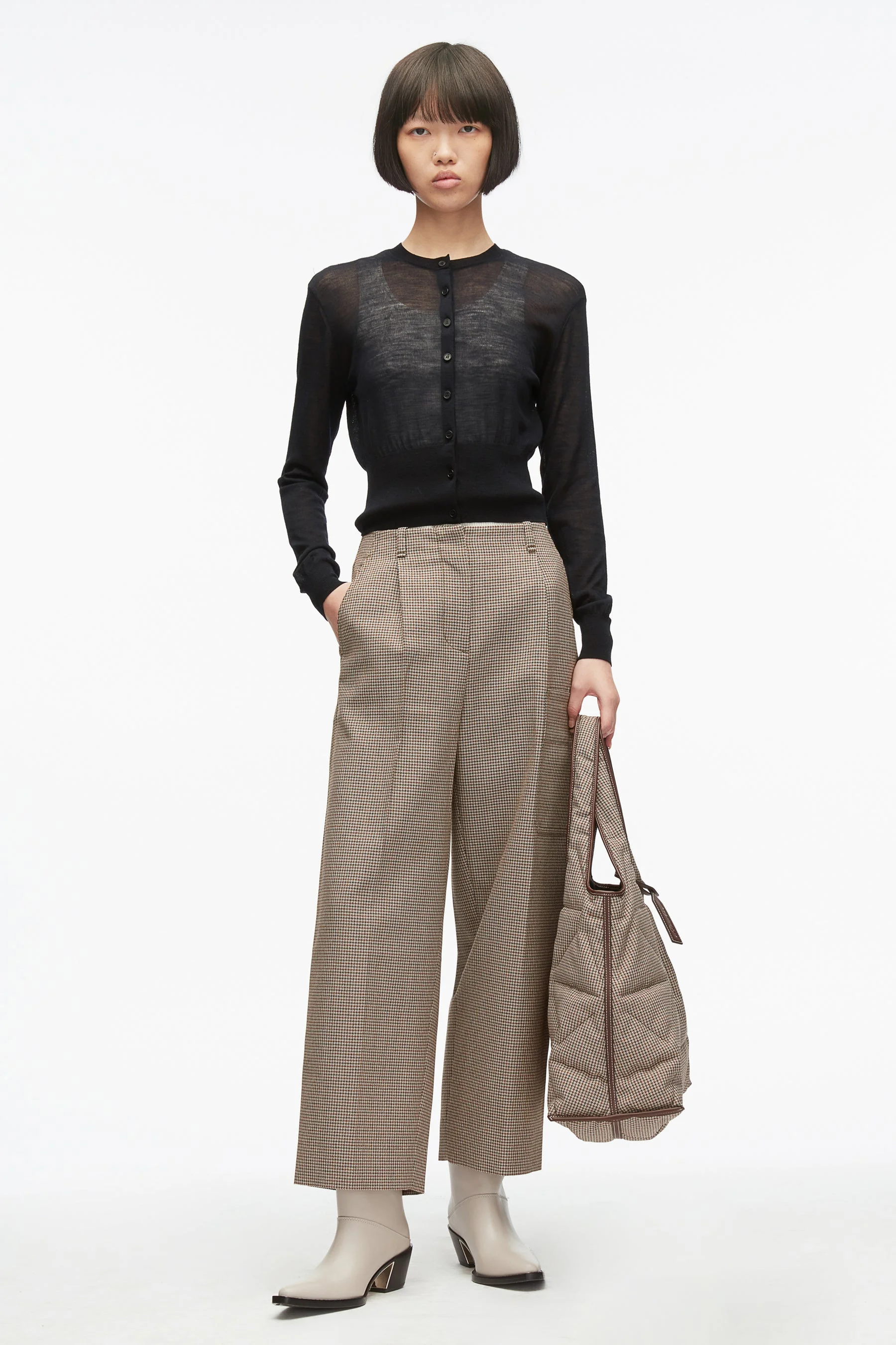 Houndtooth Tweed Curve Leg Pants - 1