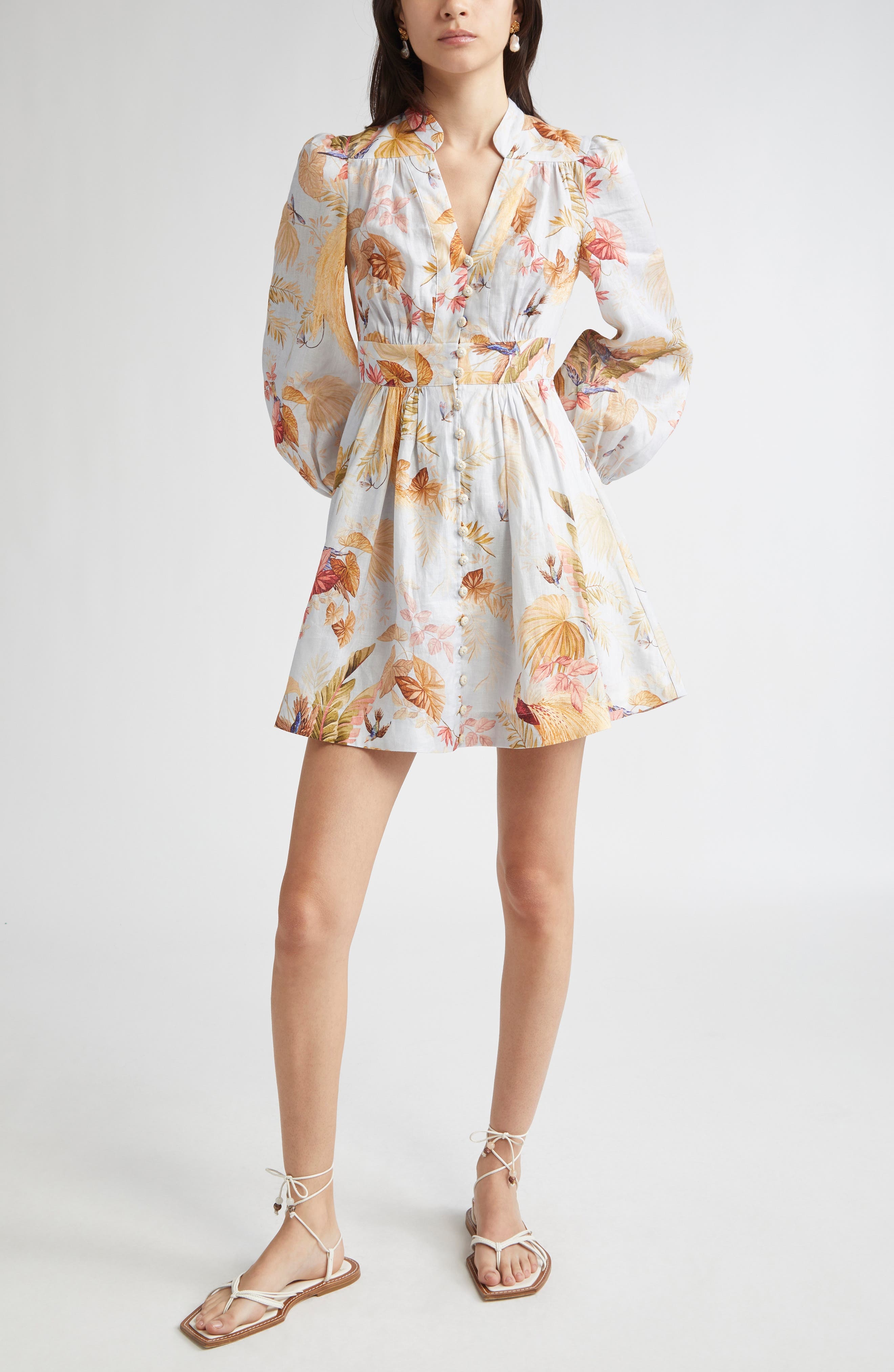 Zimmermann Ascension Floral Long Sleeve Linen Minidress in Light Blue Palm Floral at Nordstrom - 1