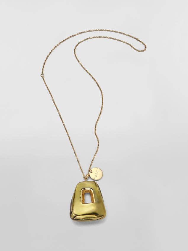 GOLD-TONE METAL TRAPEZE NECKLACE WITH TRANSPARENT ENAMEL-COVERED PENDANT - 1