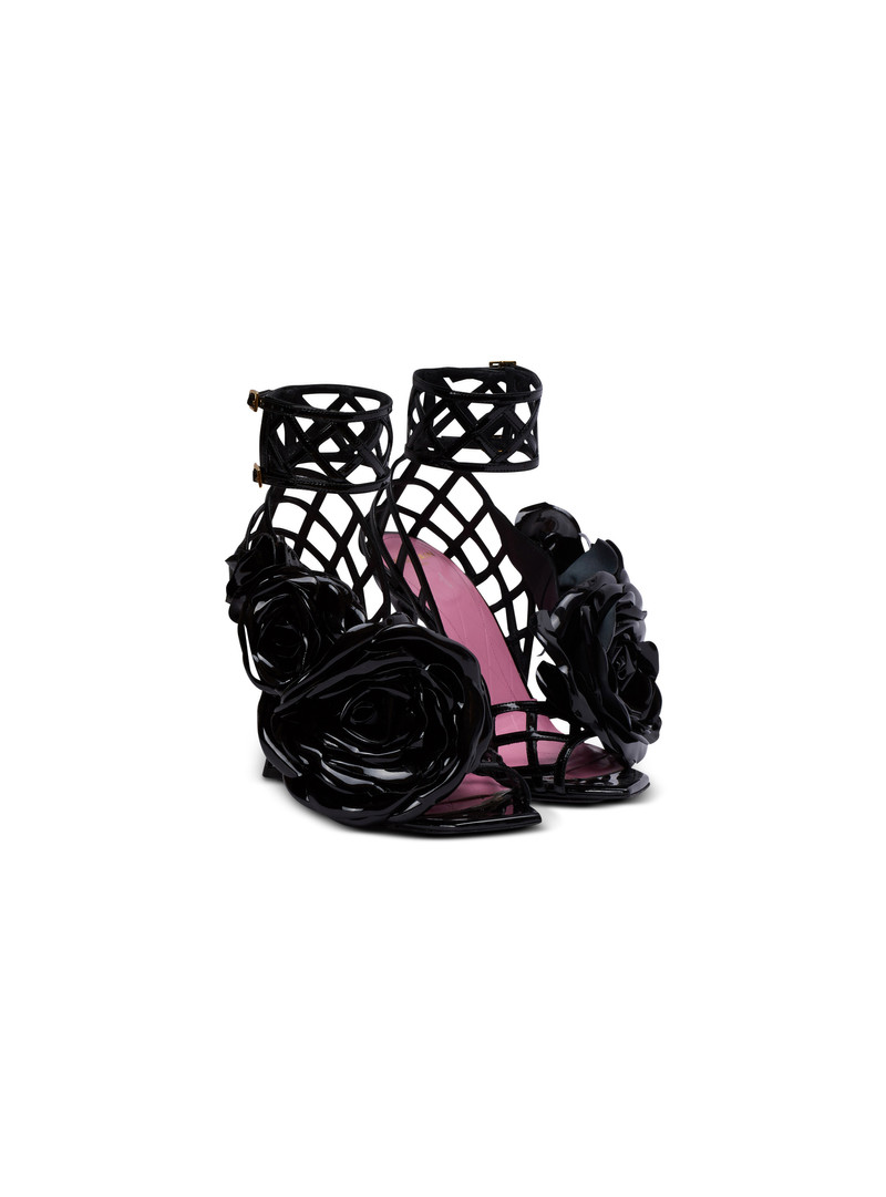 Patent leather Eden sandals with openwork grid and flowers 2