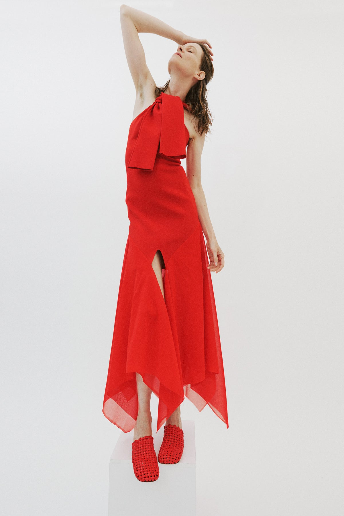KNIT DRESS WITH ORGANZA INSERTS RED - 10