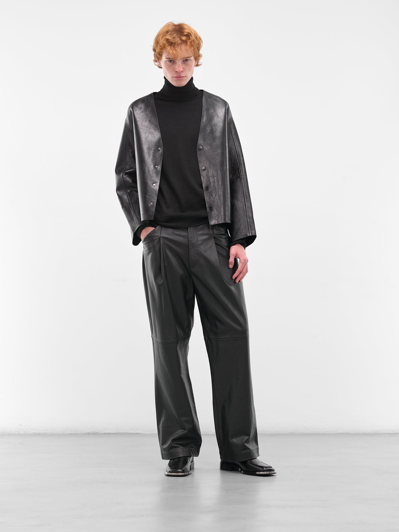 Black Minimalist Leather Boxy Jacket - 6