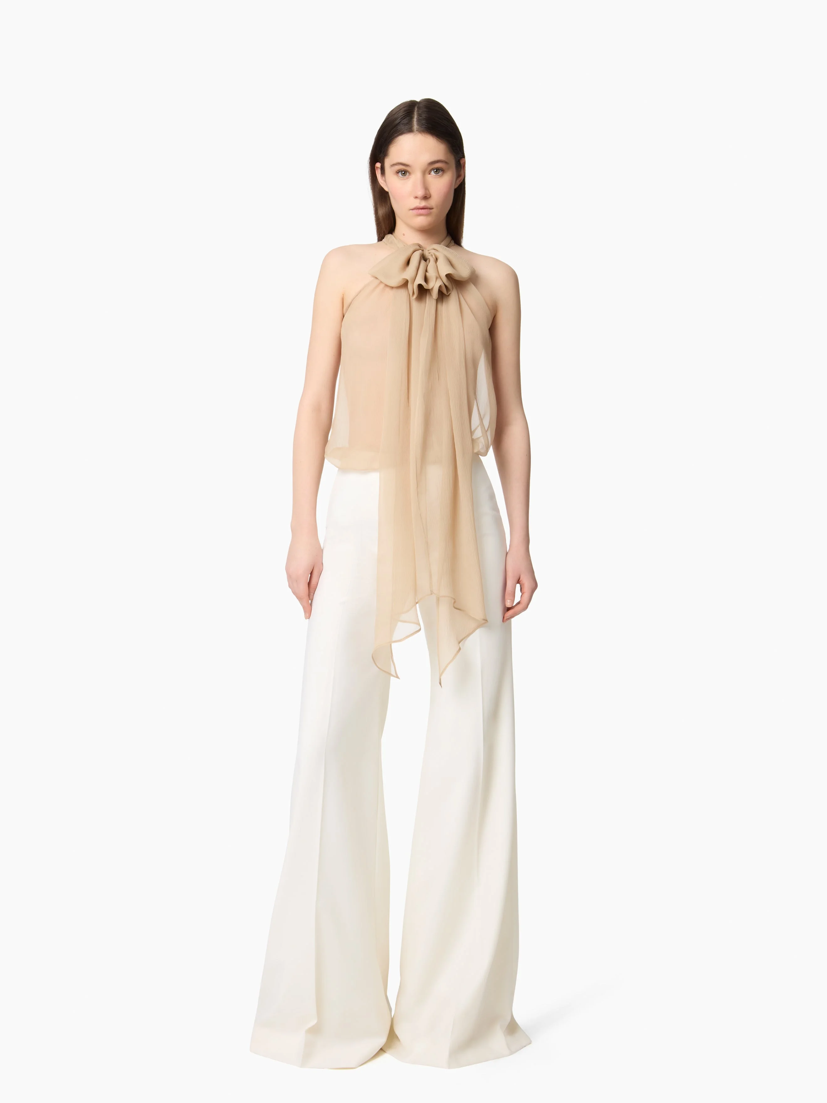 Sleeveless Beige Lavalliere Shirt - 1