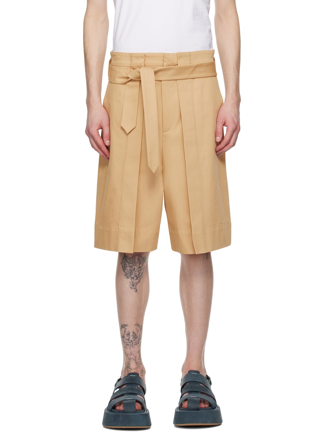 Beige Folded Front Pleat Shorts - 1