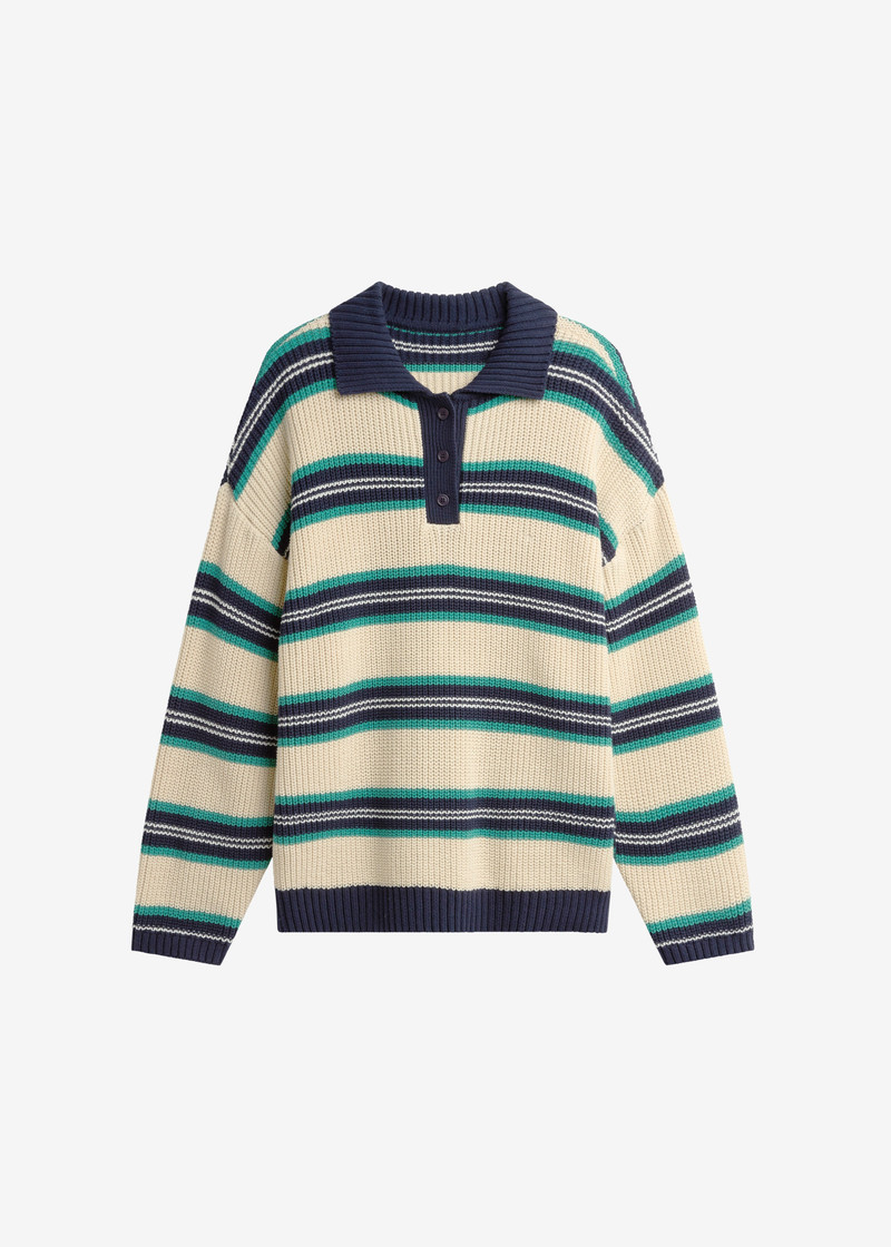 Nordby Knit Polo Sweater - Cream/Navy Stripe 1