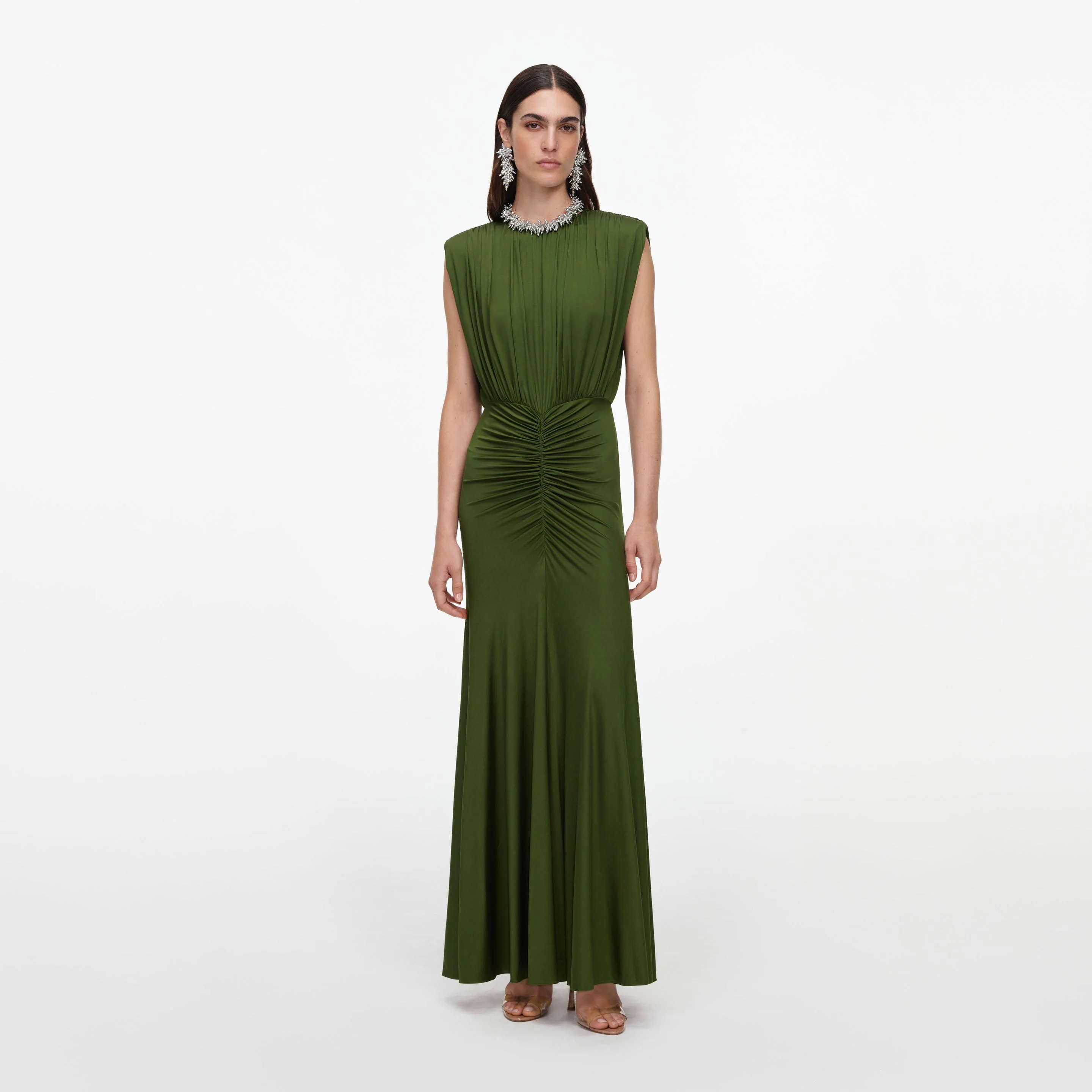 Olive Jersey Gathered Maxi Dress - 1