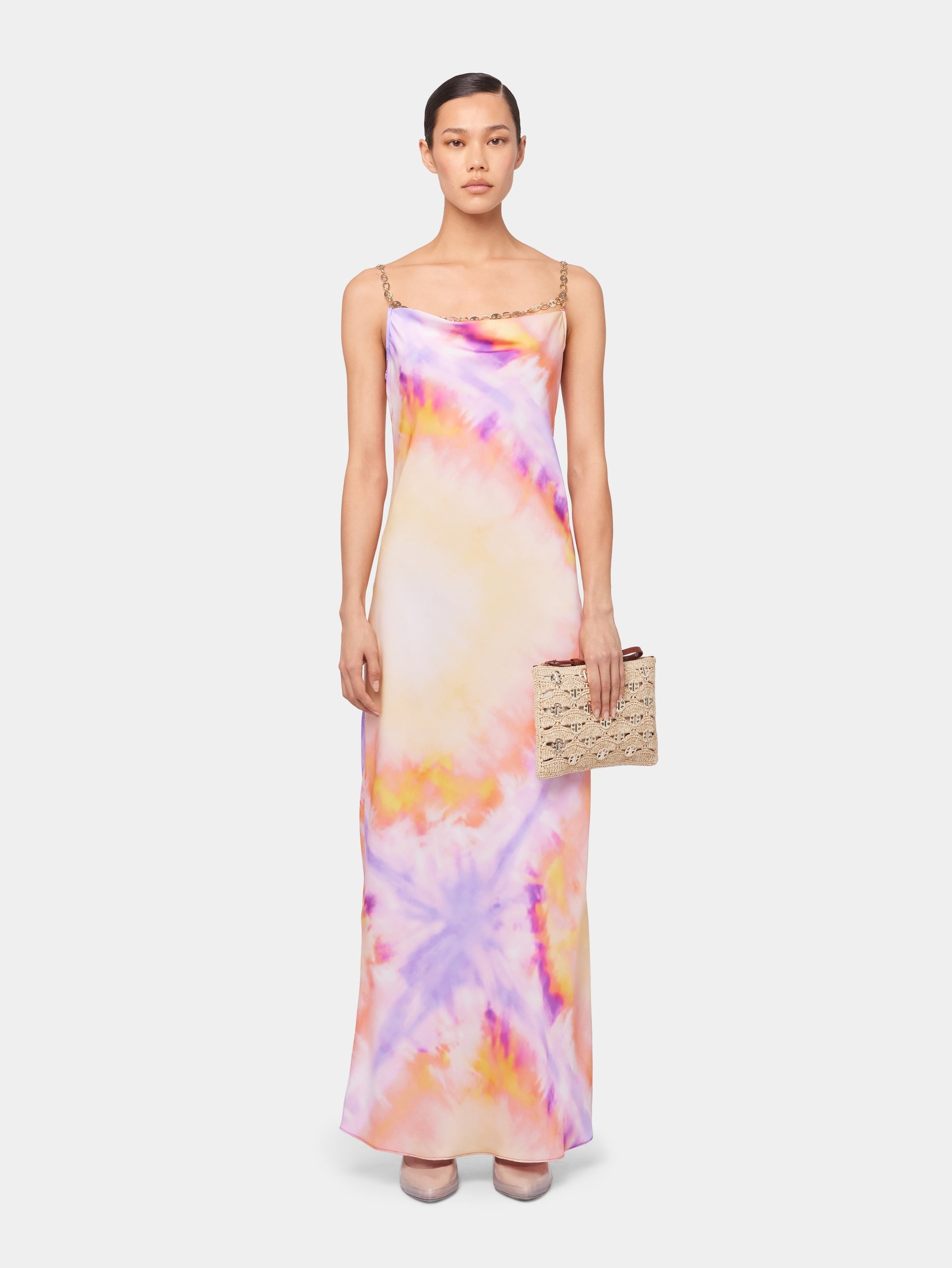 ORANGE TIE-DYE LONG DRESS IN PRINTED SATIN - 2