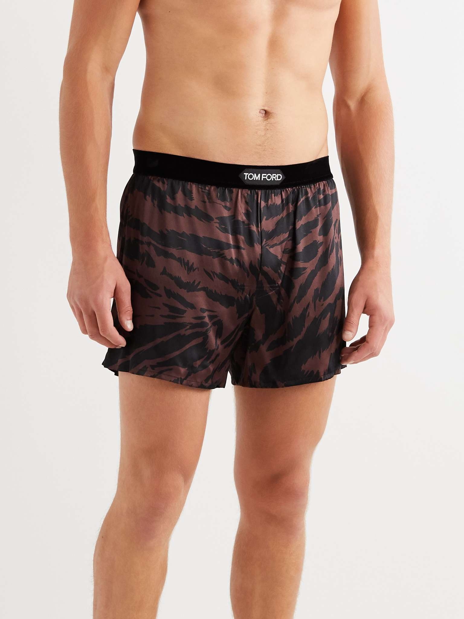 Velvet-Trimmed Zebra-Print Stretch-Silk Satin Boxer Shorts - 2