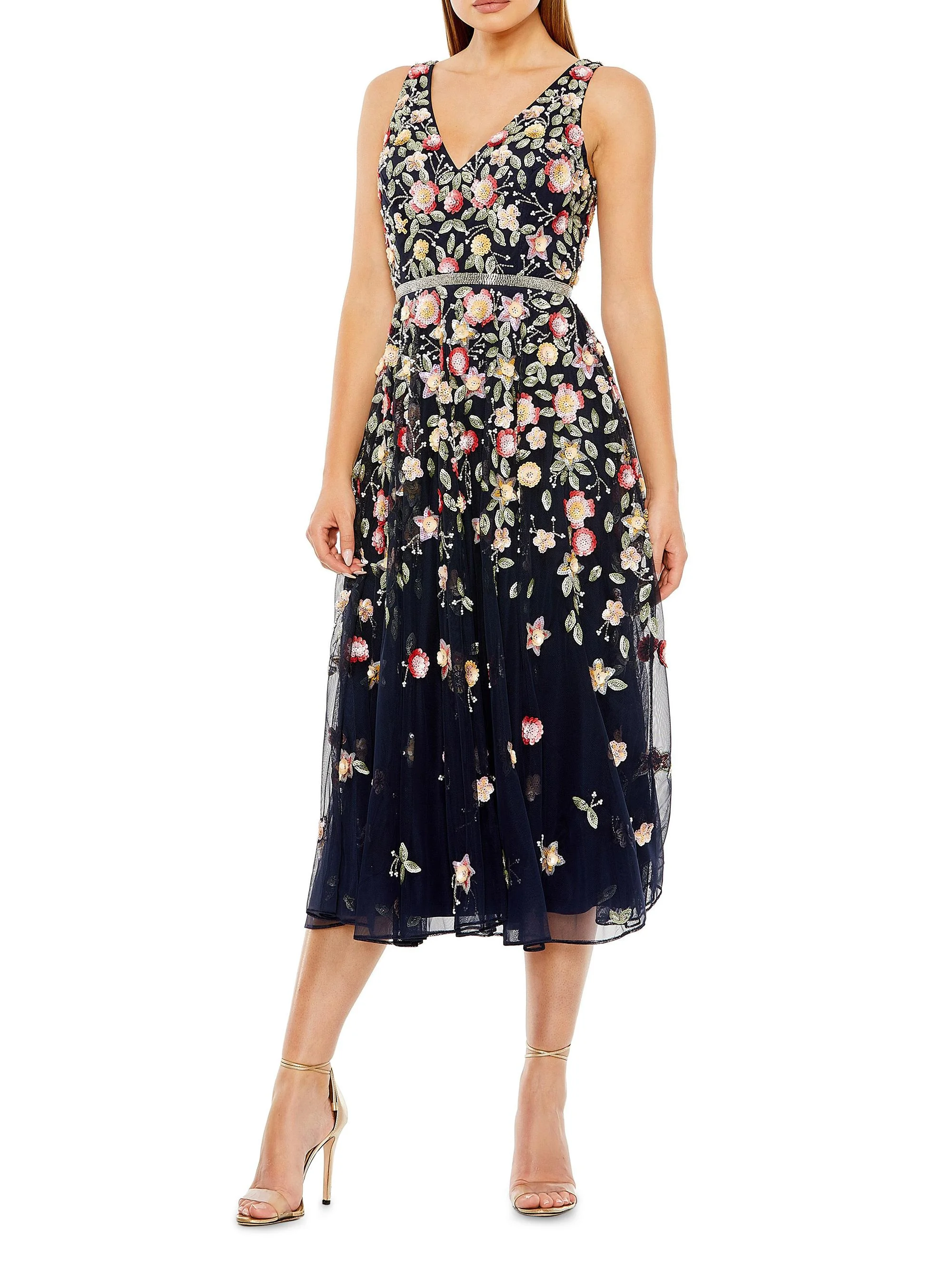 Women's Cocktail Floral Embroidered V-Neck Midi-Dress - Midnight Multi - 1