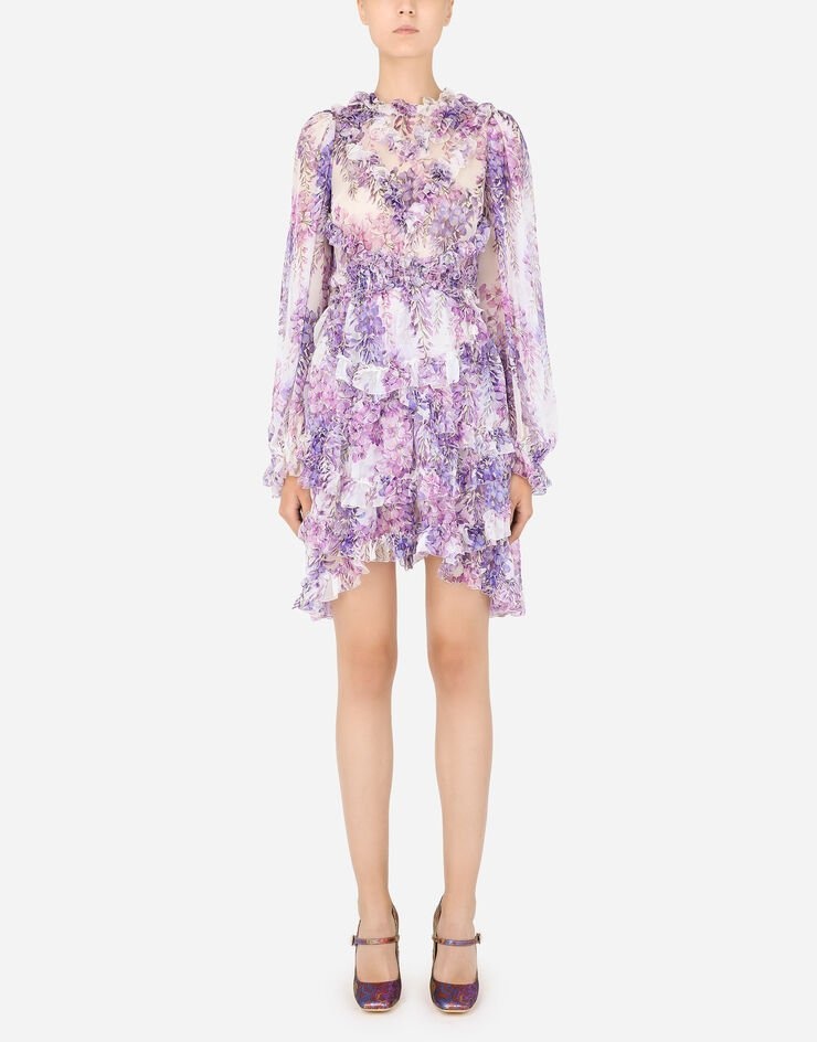 Short wisteria-print chiffon dress with ruches - 1