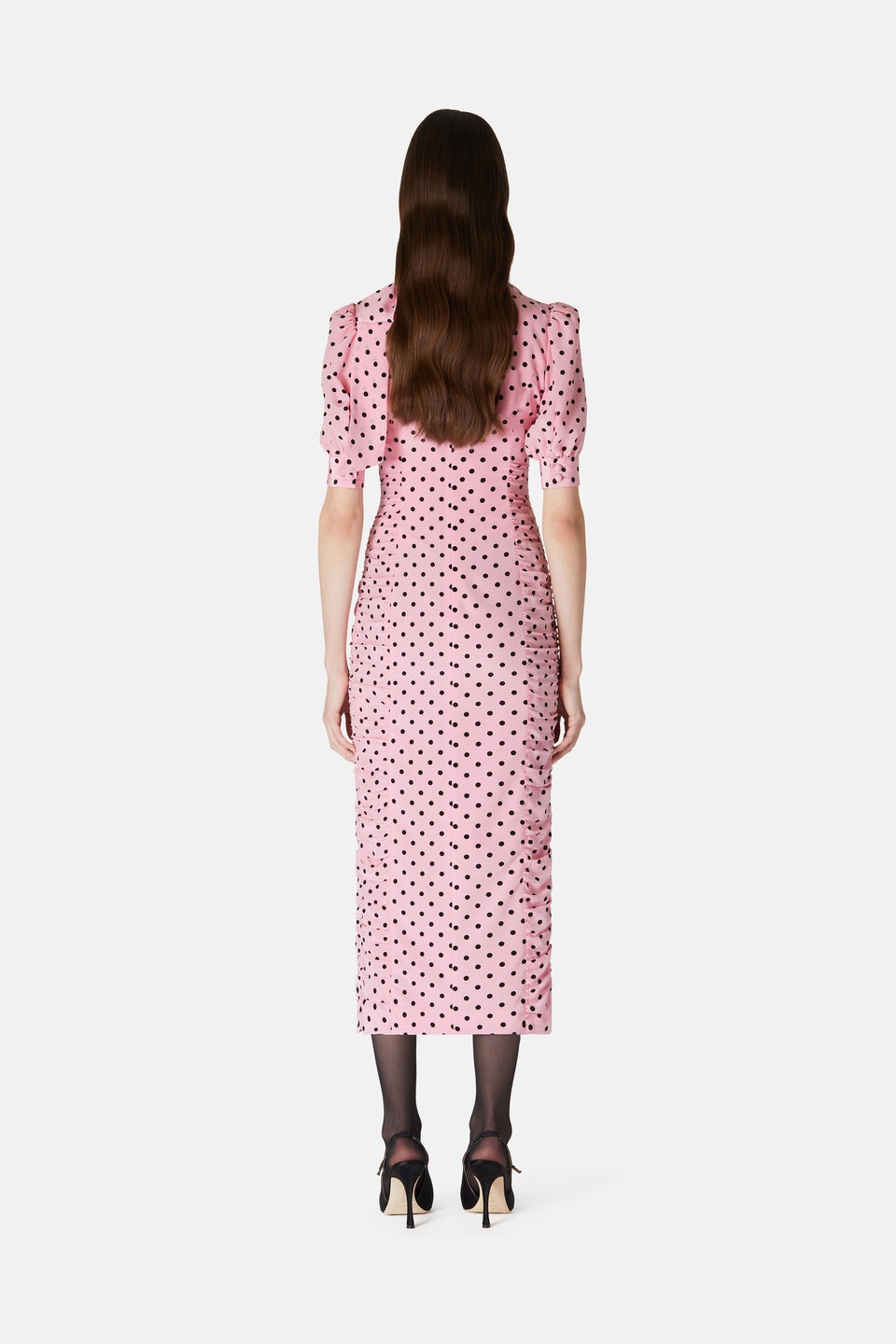 POLKA DOT PRINT SILK DRAPED DRESS WITH BOW - 5
