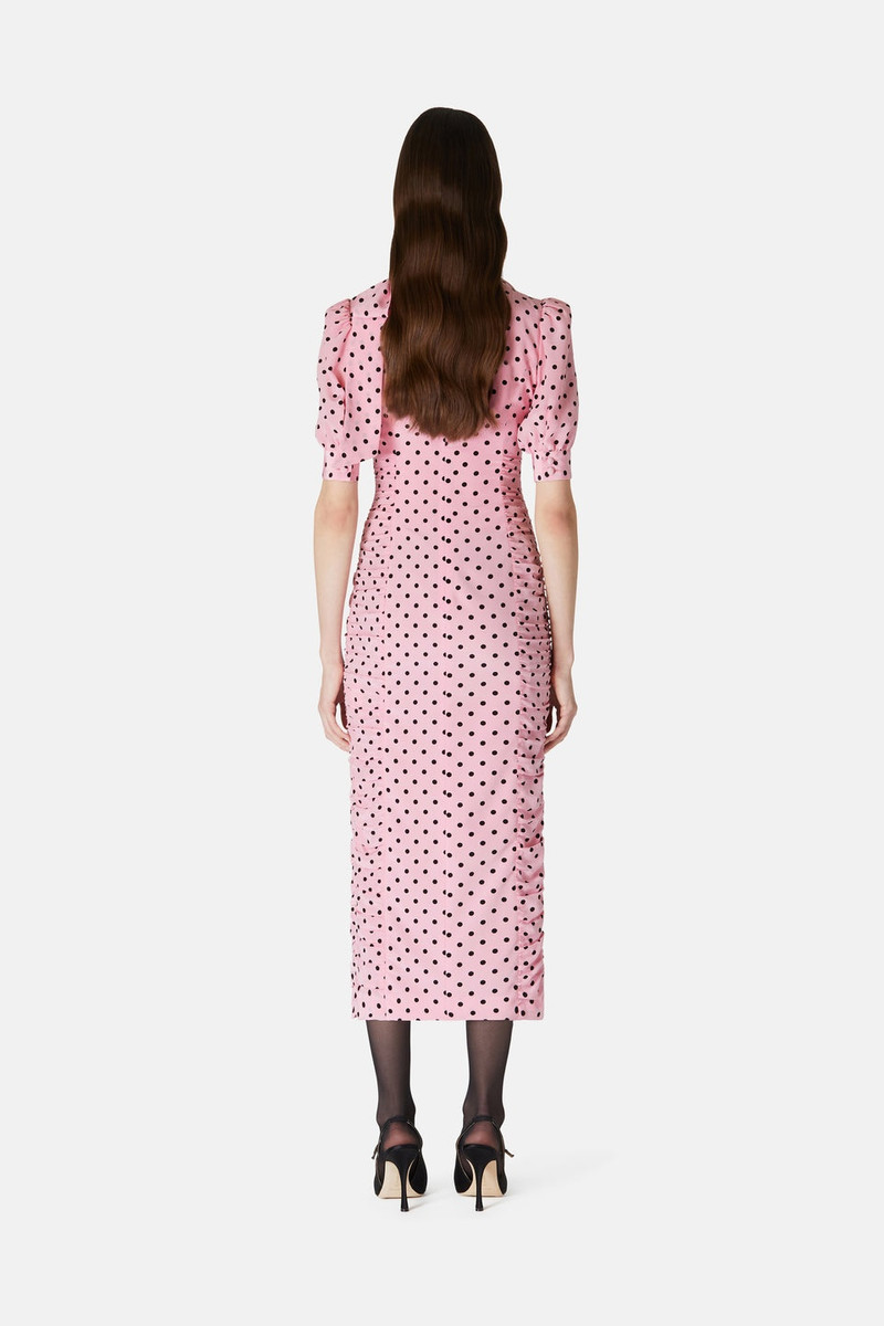 POLKA DOT PRINT SILK DRAPED DRESS WITH BOW 5