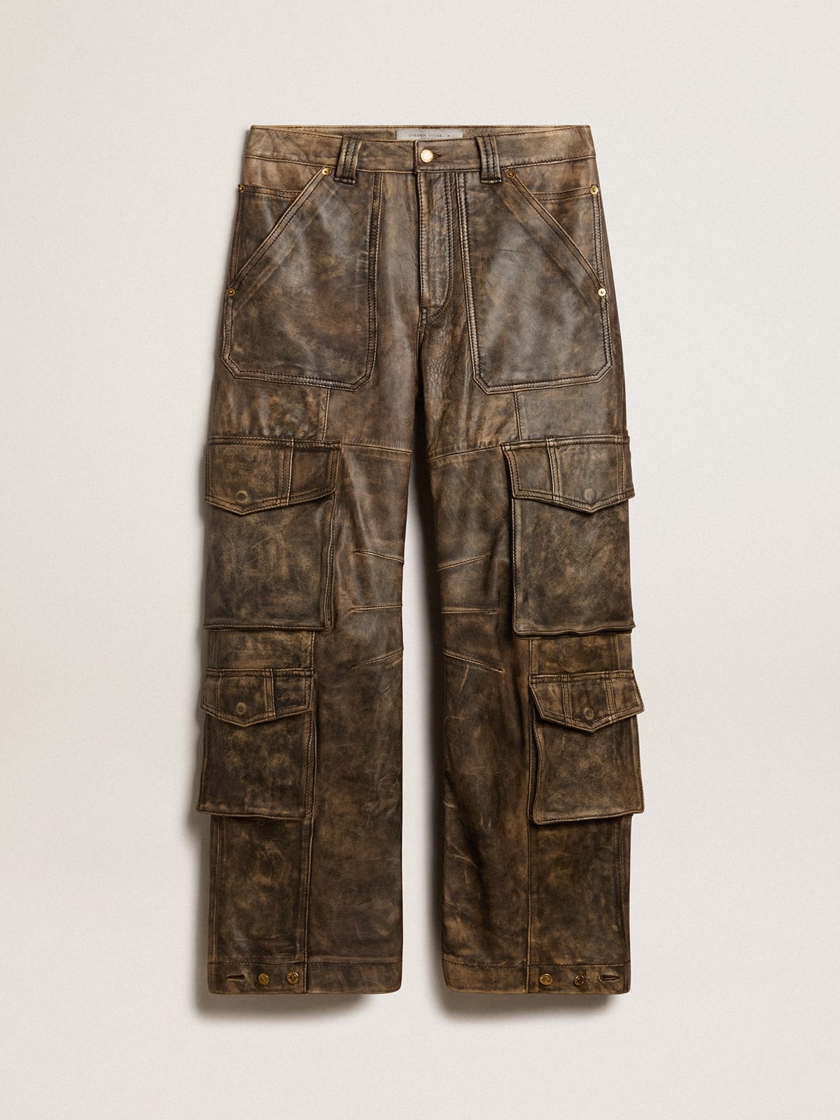 Women's aged brown nappa leather cargo pants - 1