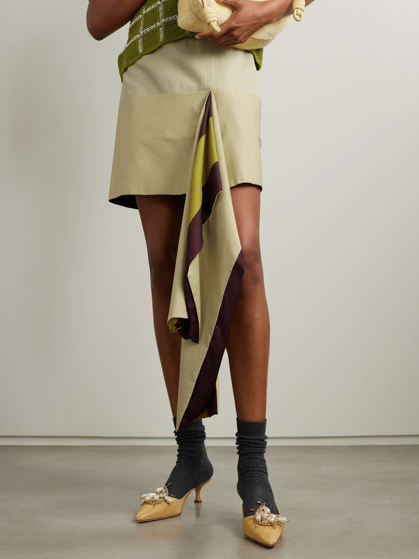 Asymmetric draped twill and satin-twill mini skirt - 3