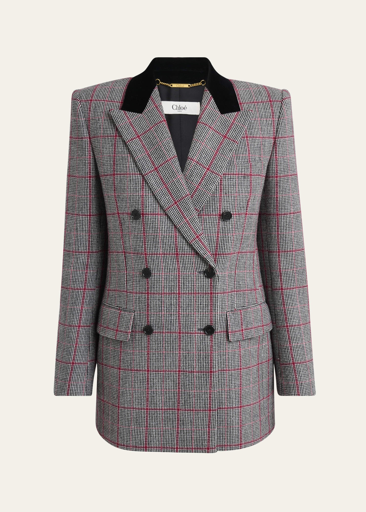 Check Wool Velvet-Trim Double-Breasted Jacket - 1