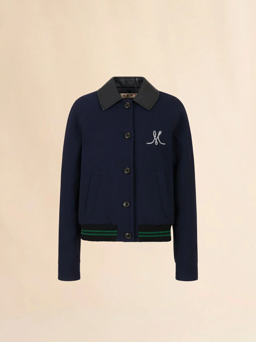 DEEP BLUE WOOL CRÊPE BOMBER JACKET - 1