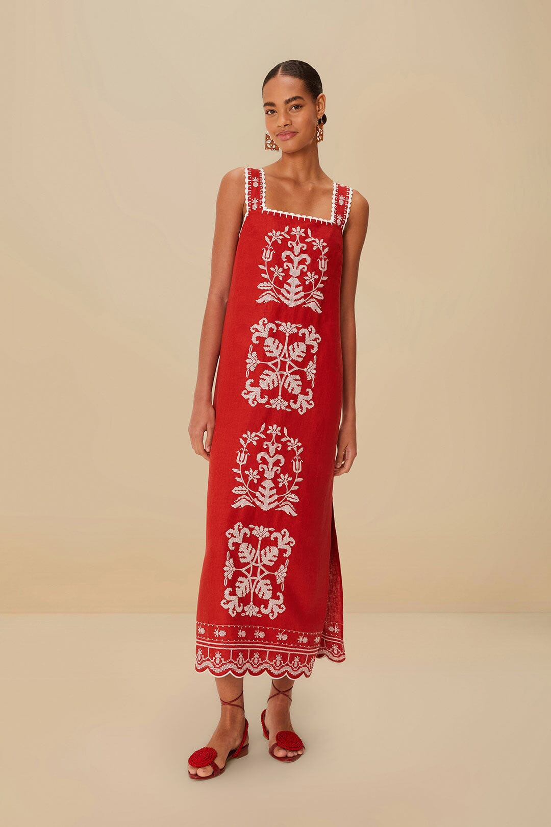Red Tropical Cross Stitch Embroidered Euroflax™ Premium Linen Midi Dress - 2