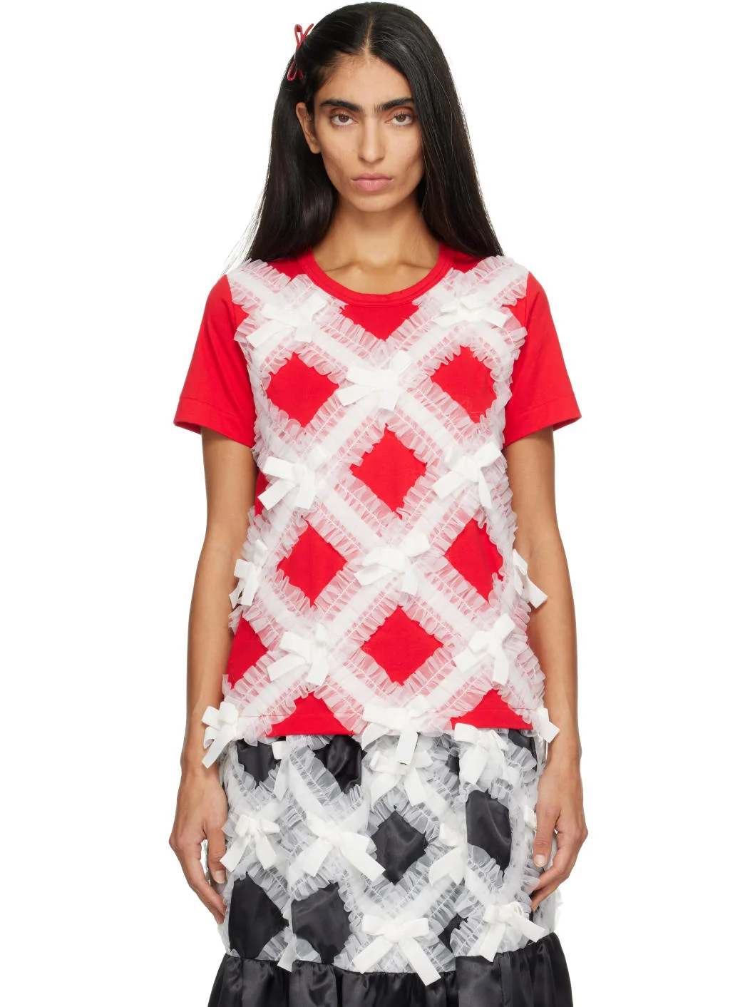 Red & White Gather Tape Decoration T-shirt - 1