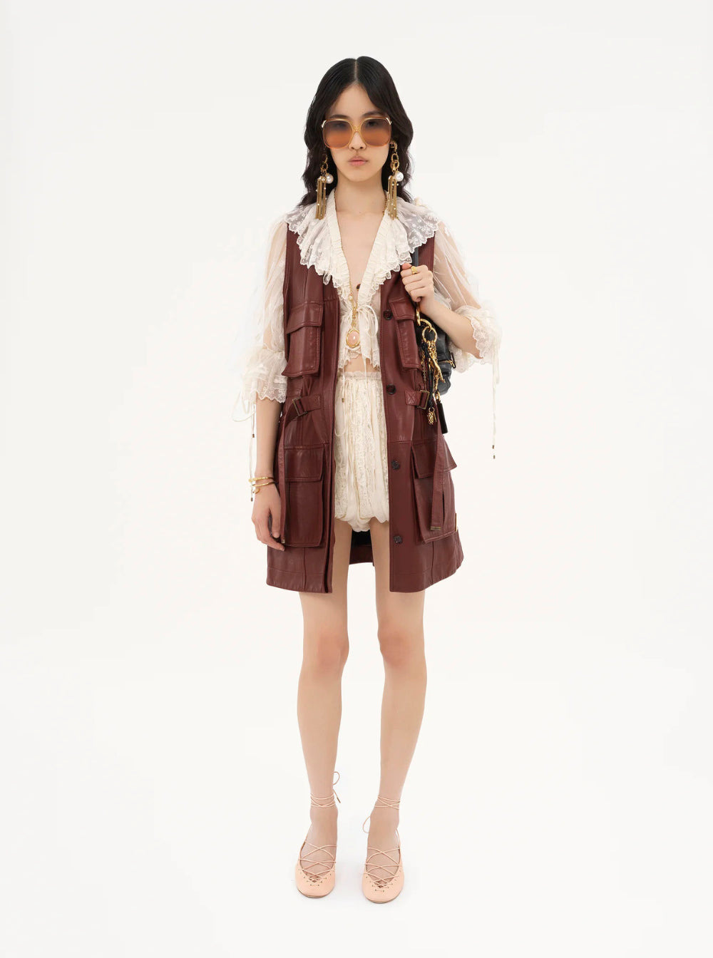 Chloé Women Bordeaux Vest With V Neck And Adjustable Belt In Leather Woman - 2