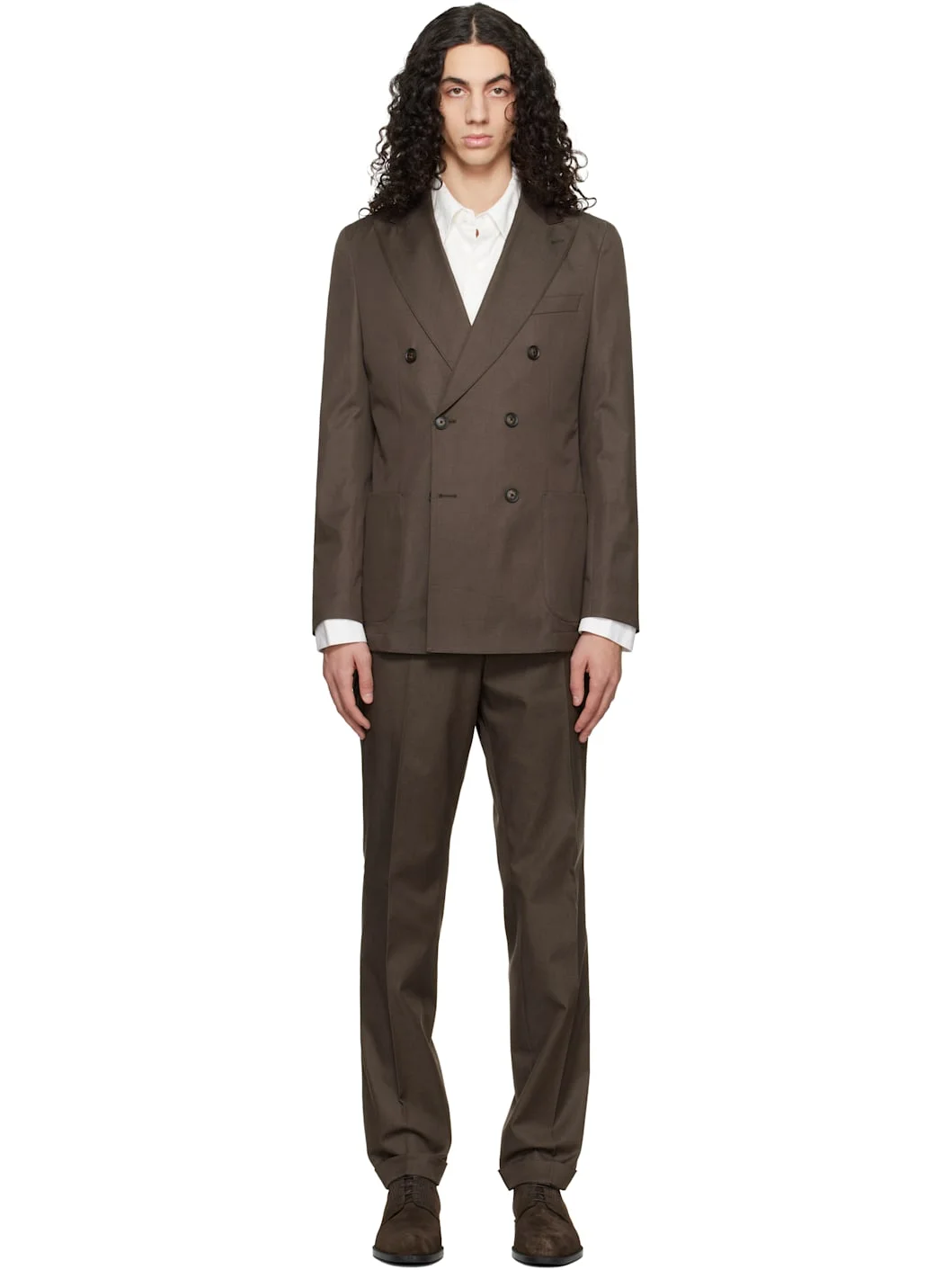 Brown Two-Piece Slim-Fit Stretch Cotton Suit - 1