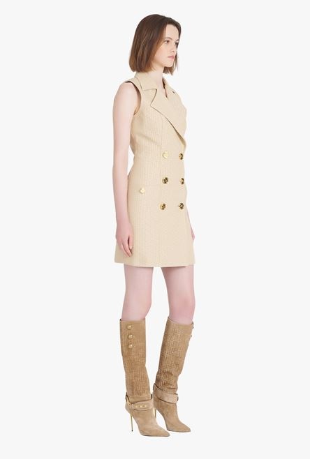 Short nude and white Balmain monogram jacquard dress with gold-tone double-buttoned fastening - 7