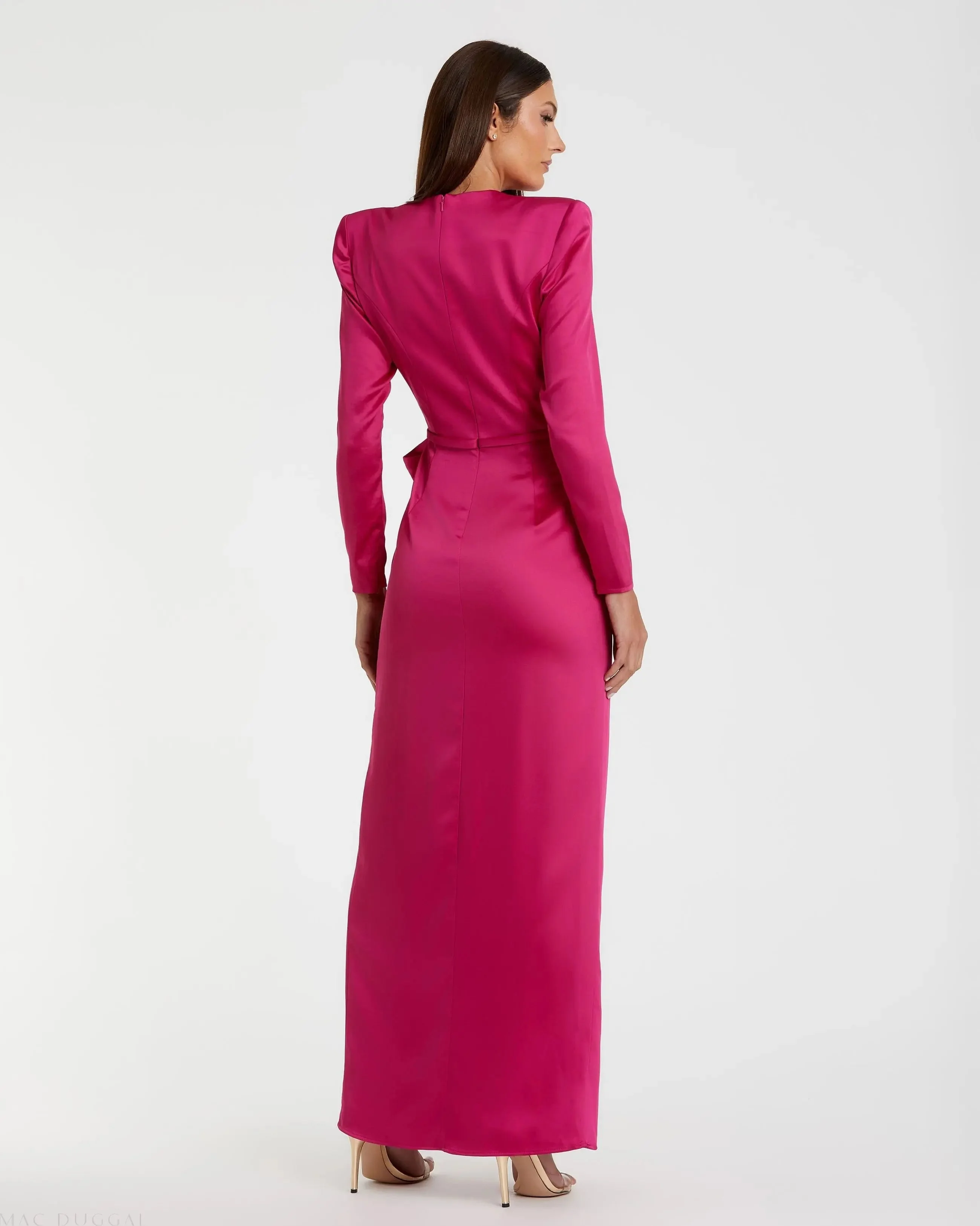 Pink Long Sleeve Satin Structured Bow Draped Column Gown - 1