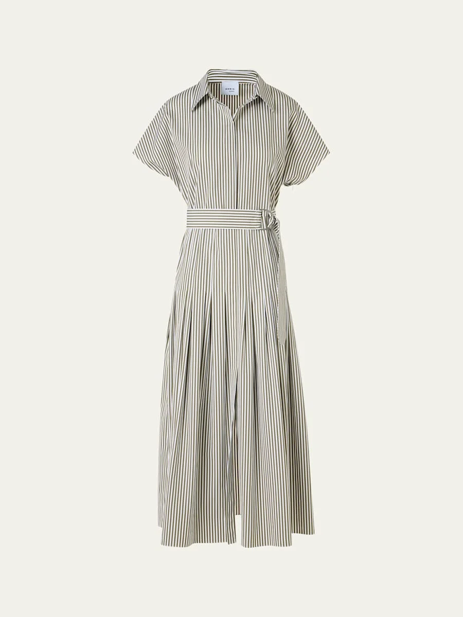 Cap-Sleeve Belted Cotton Poplin Pleated Midi Shirtdress - 1