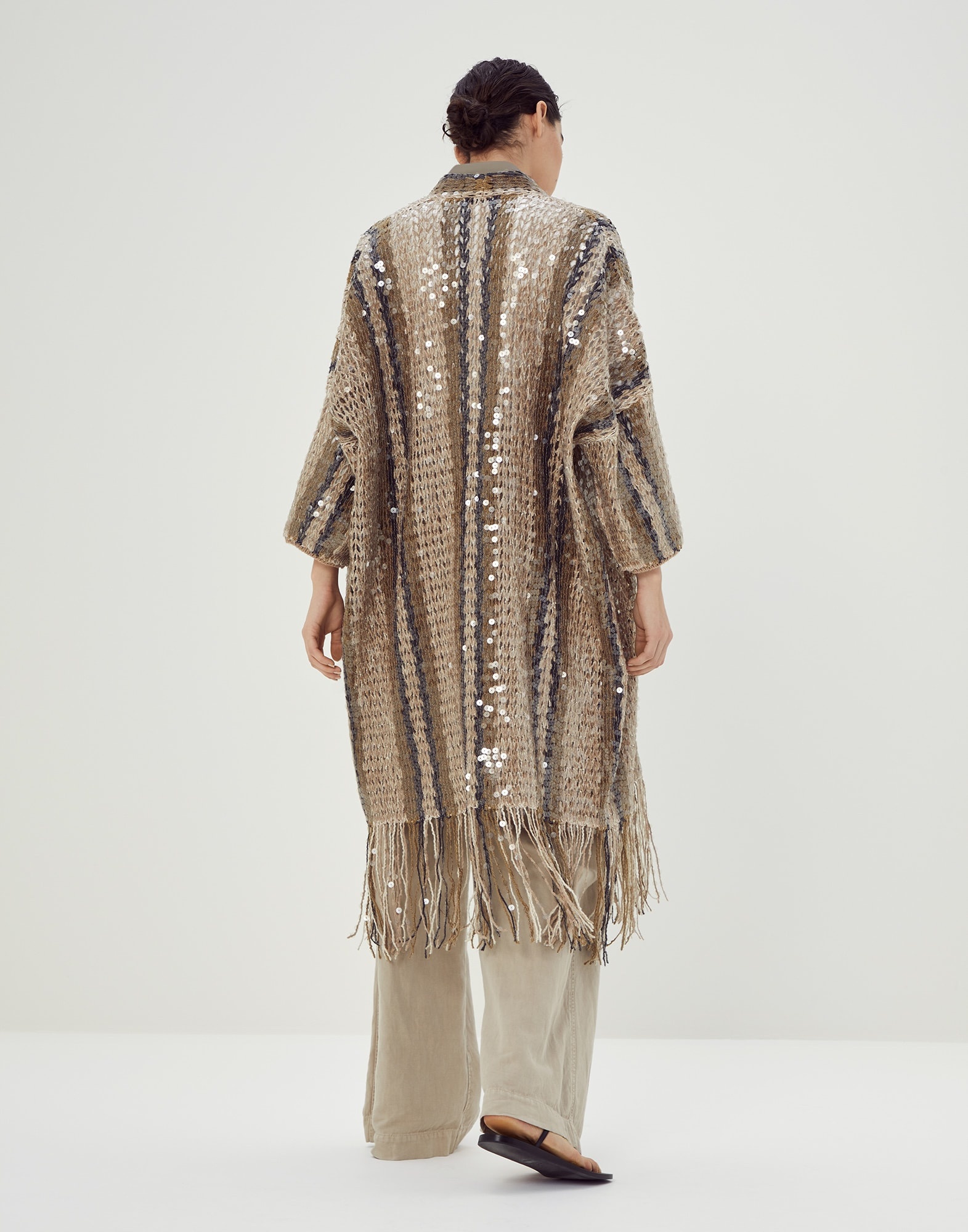 Dazzling Stripe Embroidery long cardigan in jute and cotton - 2