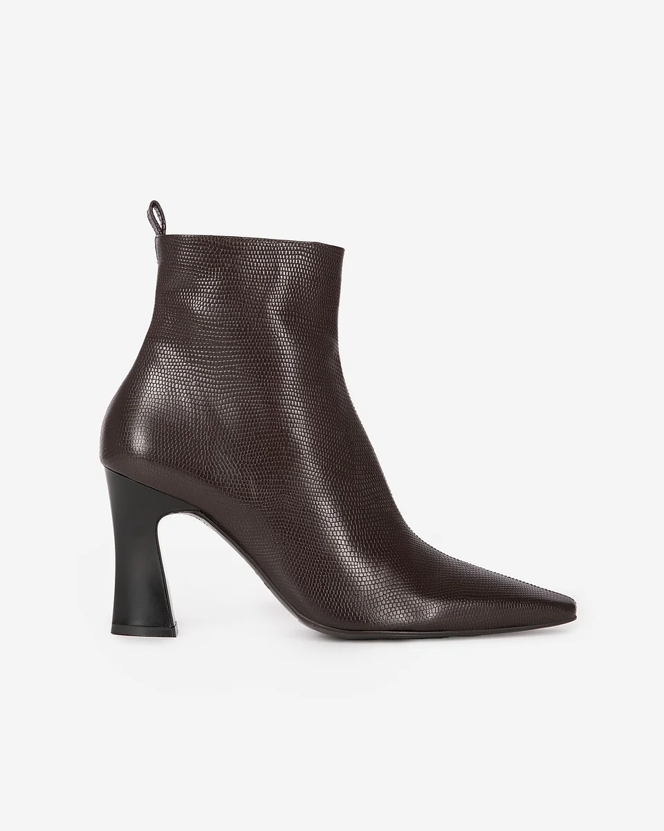 BROWN LIZARD-EFFECT LEATHER ANKLE BOOTS - 1