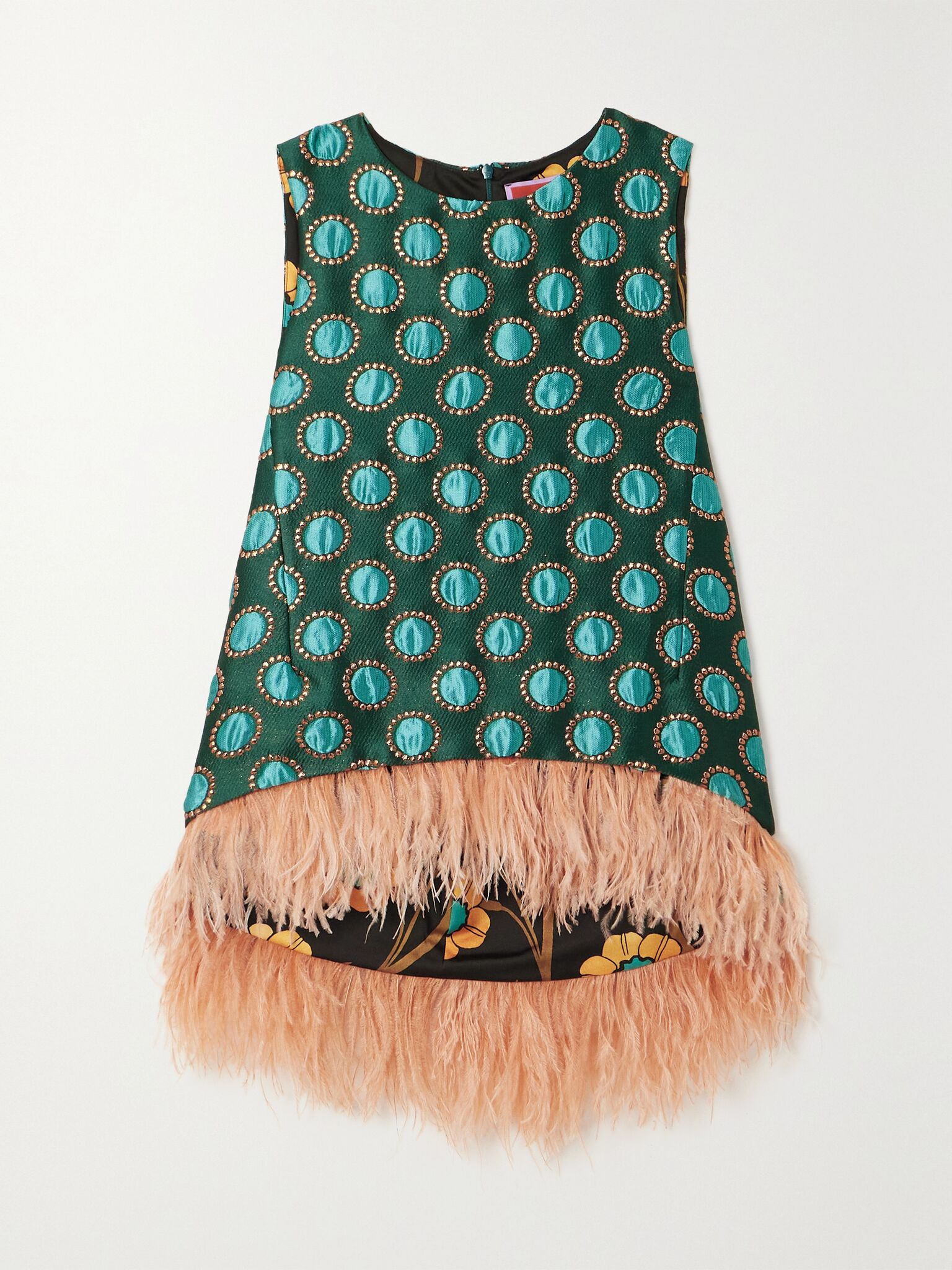 La Scala asymmetric feather-trimmed metallic jacquard top Green - 1