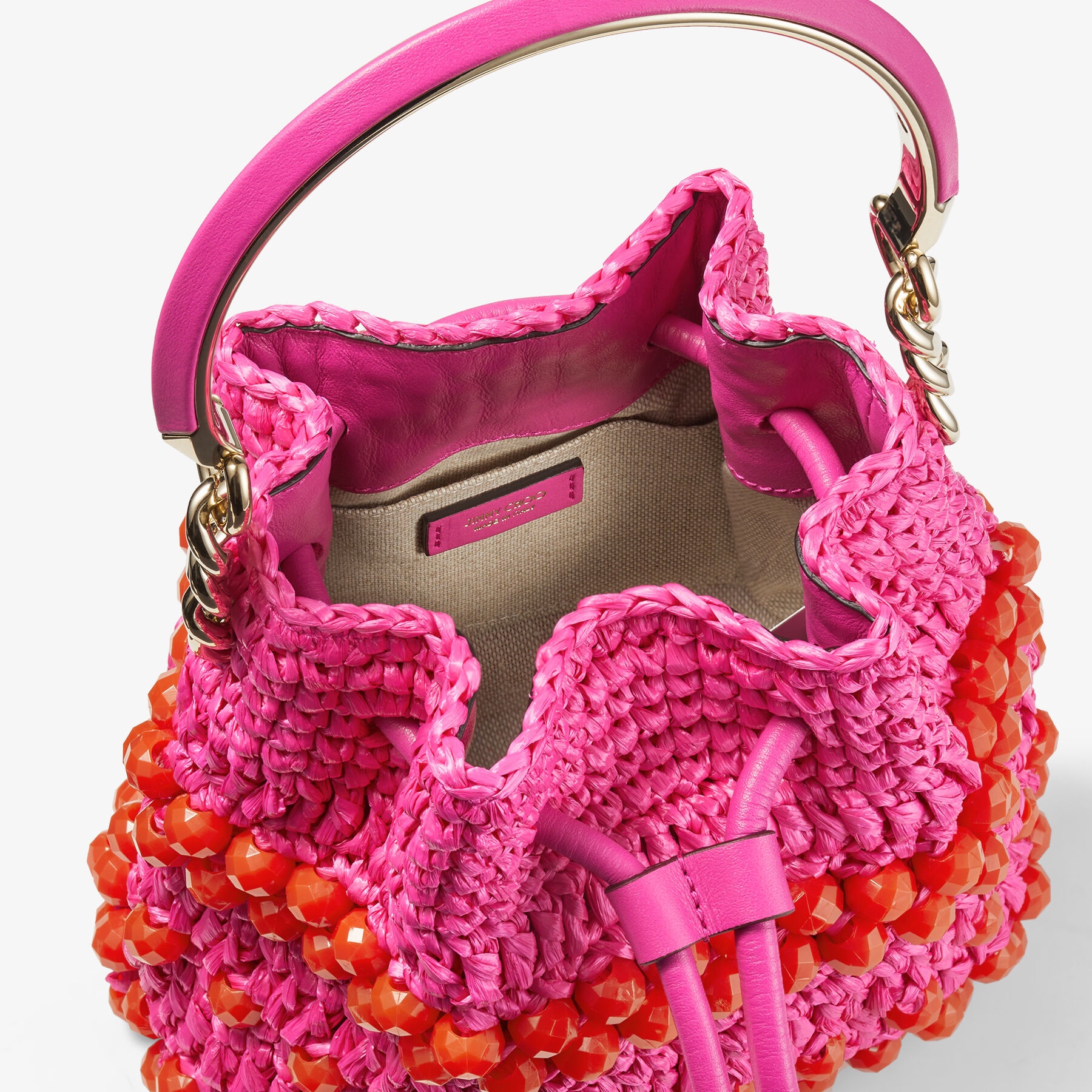 Bon Bon Bucket S
Fuchsia Beaded Raffia and Smooth Leather Tote Bag - 6