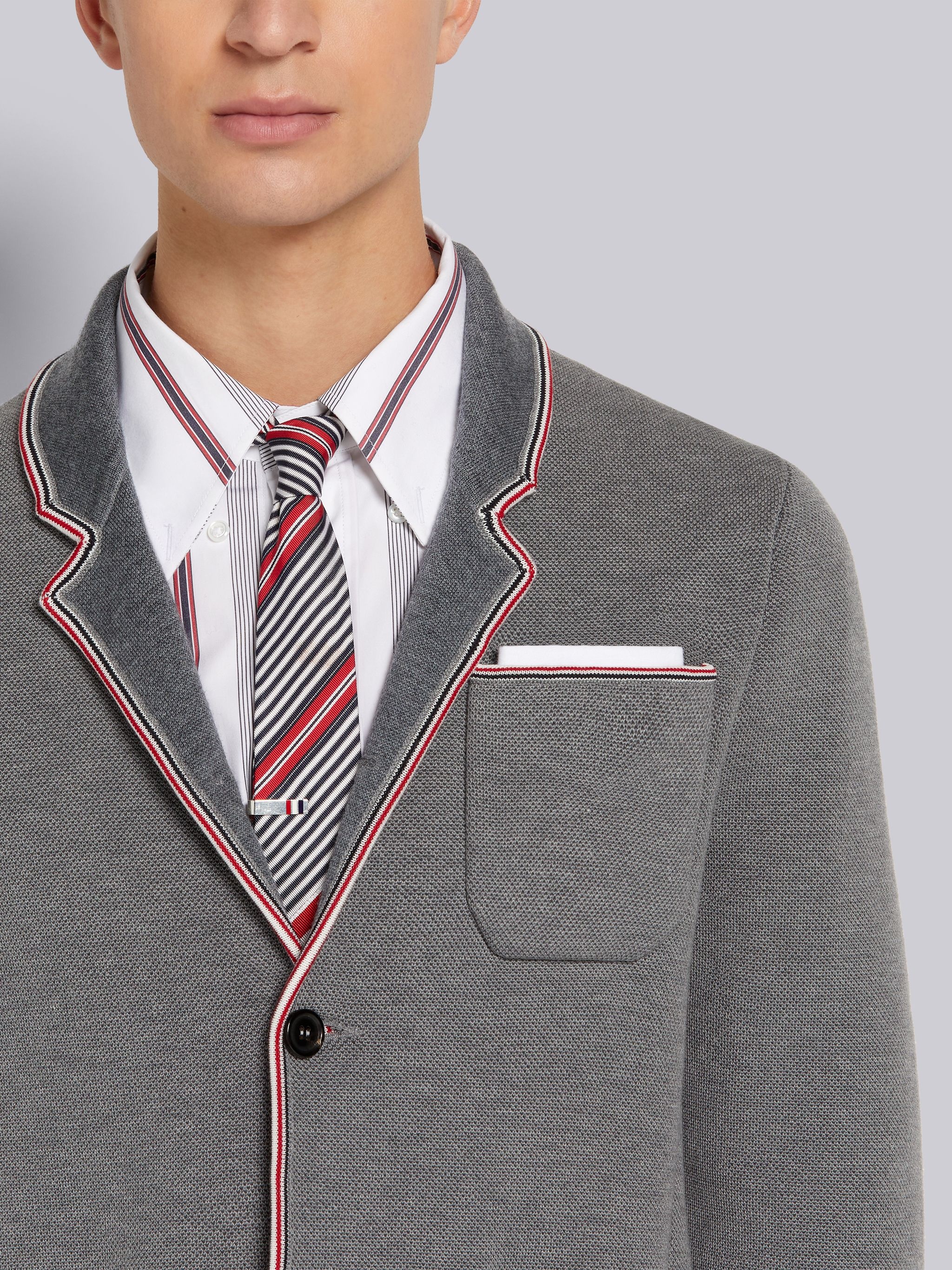 Light Grey Pique and Jersey Jersey Stitch Stripe Tipping Sport Coat - 5