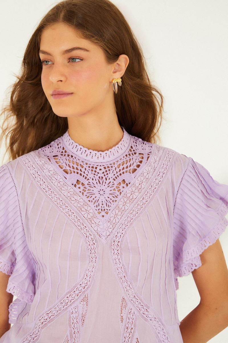 FARM RIO Lilac Lace Ruffled Organic Cotton Blouse outlook