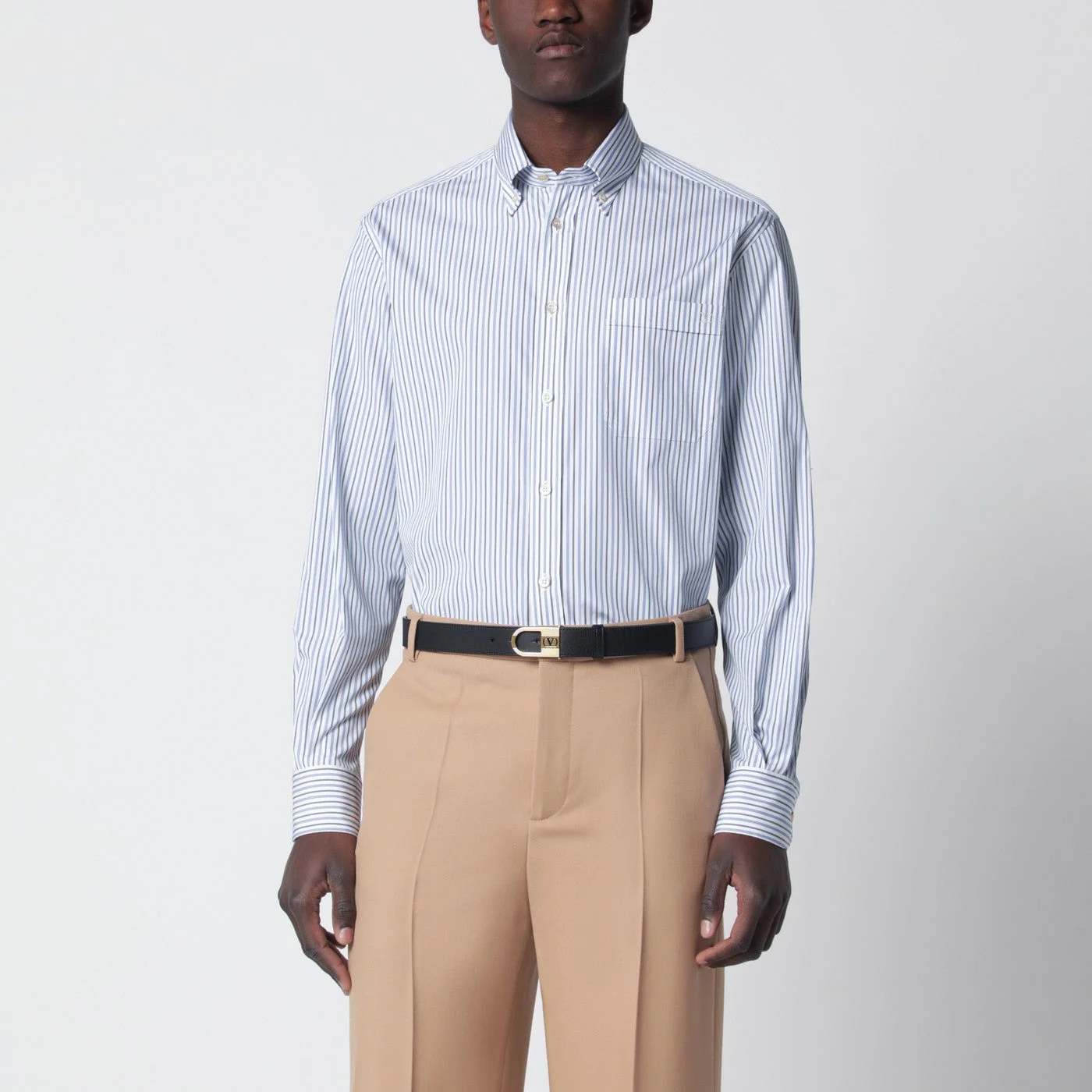 Ivory shirt with light blue and blue stripes - 1
