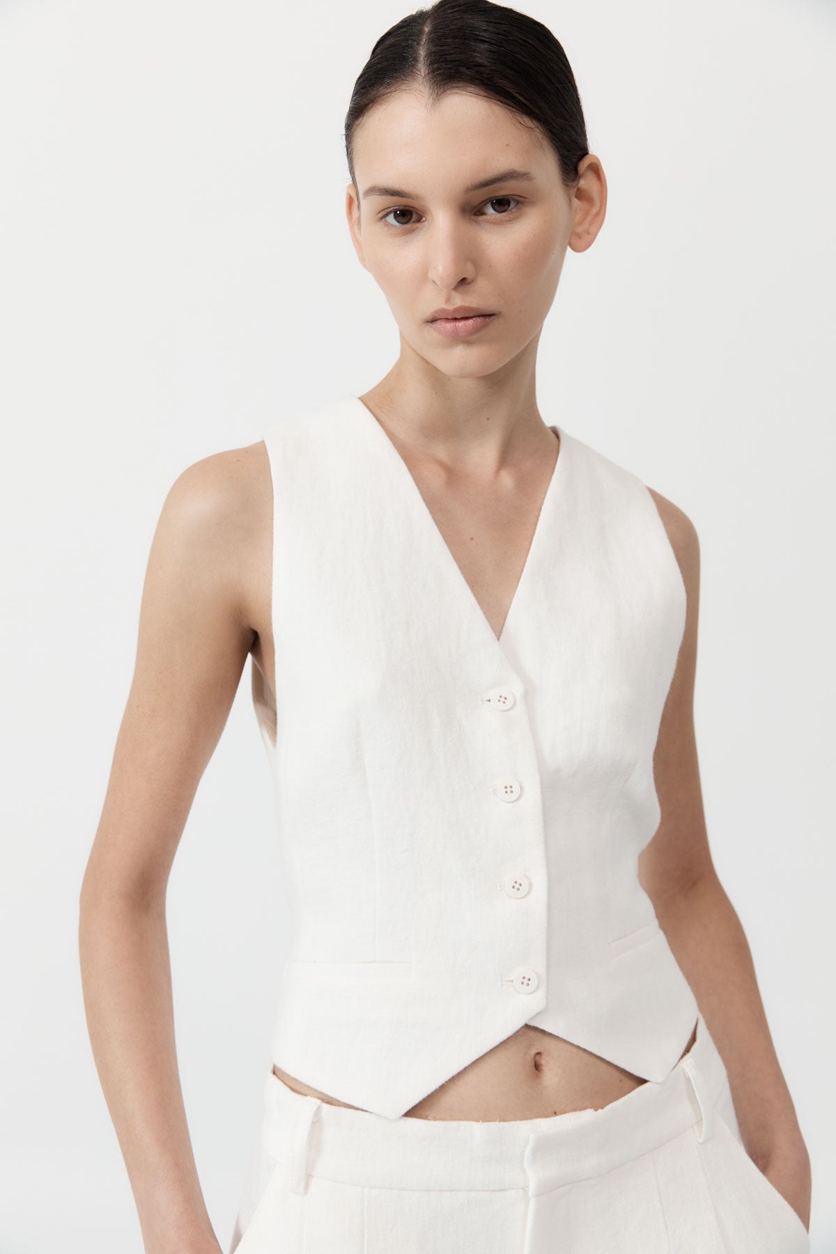 Tailored Linen Vest - Ivory - 2