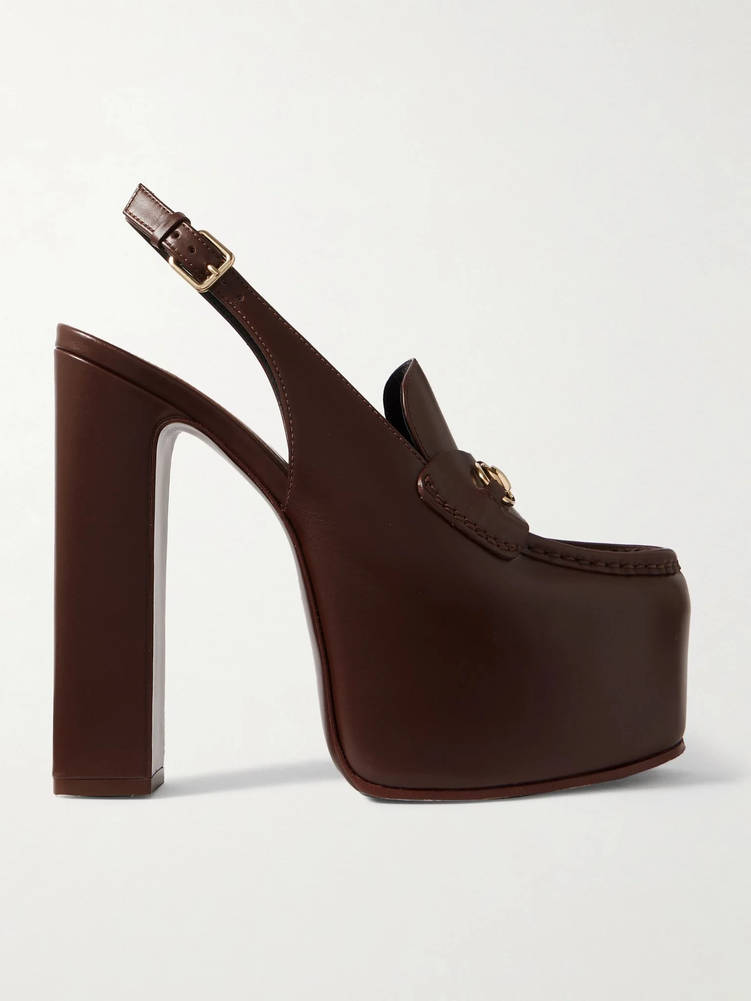Horsebit-embellished leather slingback platform pumps Chocolate - 1