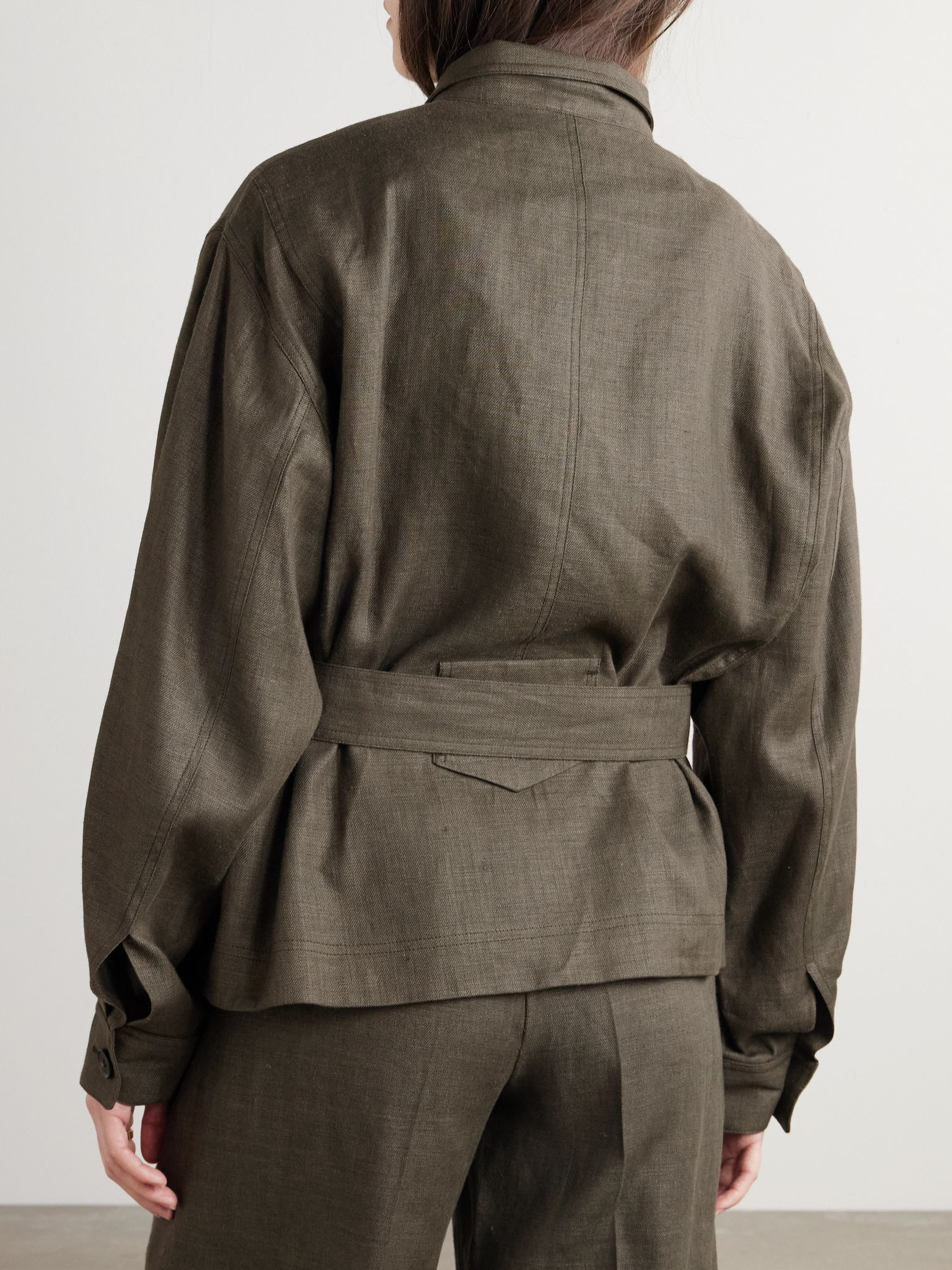 Jaylon belted linen and wool-blend jacket Dark green - 3