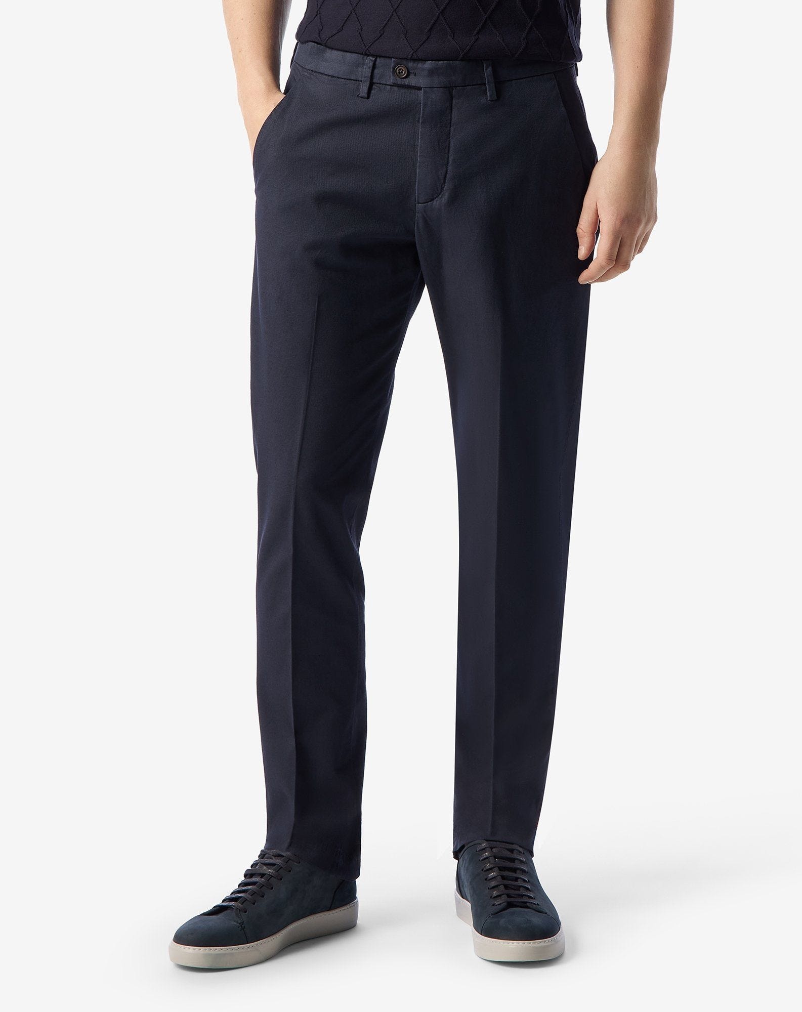 Navy blue stretch cotton and linen chinos - 3